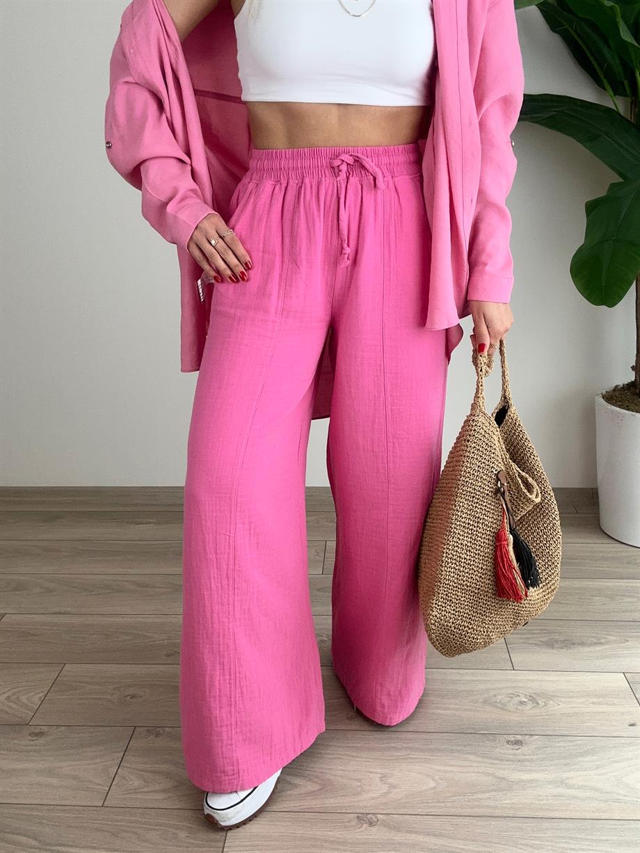 Pembe Bol Paça Keten Pantolon