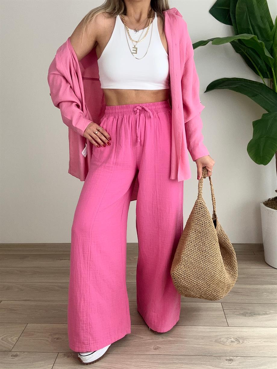 Pembe Bol Paça Keten Pantolon