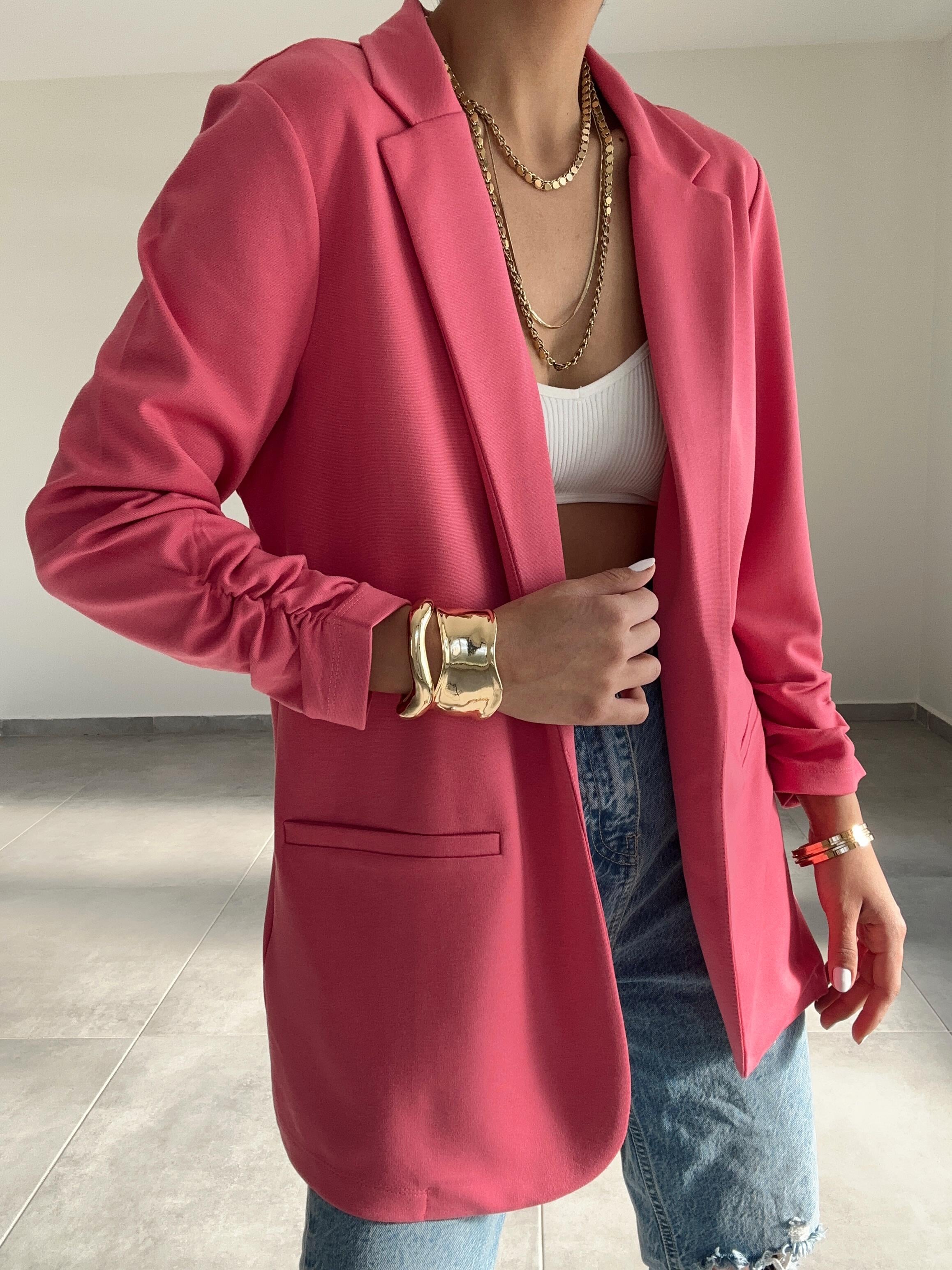 Pembe Çelik Kumaş Kol Büzgülü Blazer Ceket