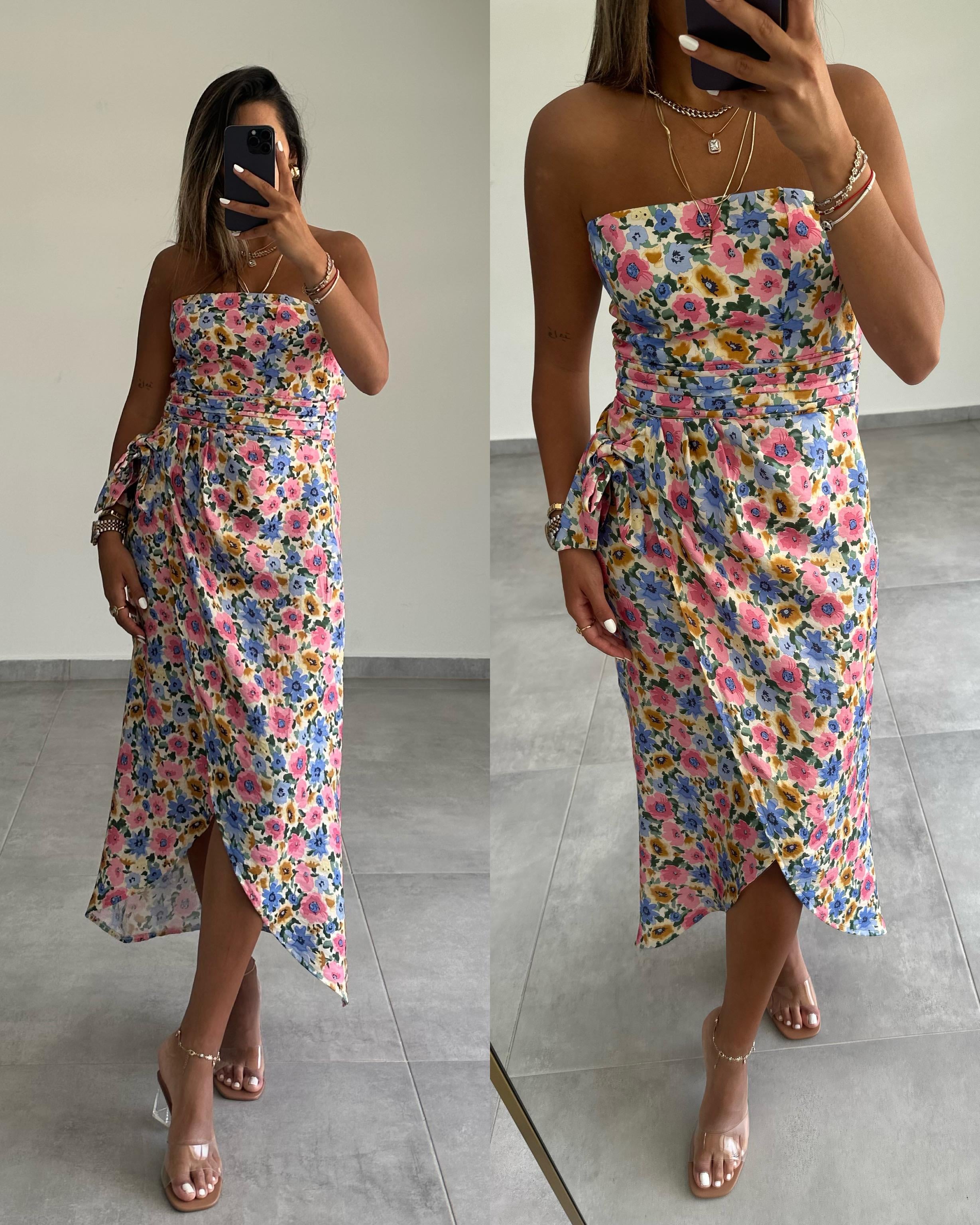 Pembe Çiçek Desenli Straplez Elbise