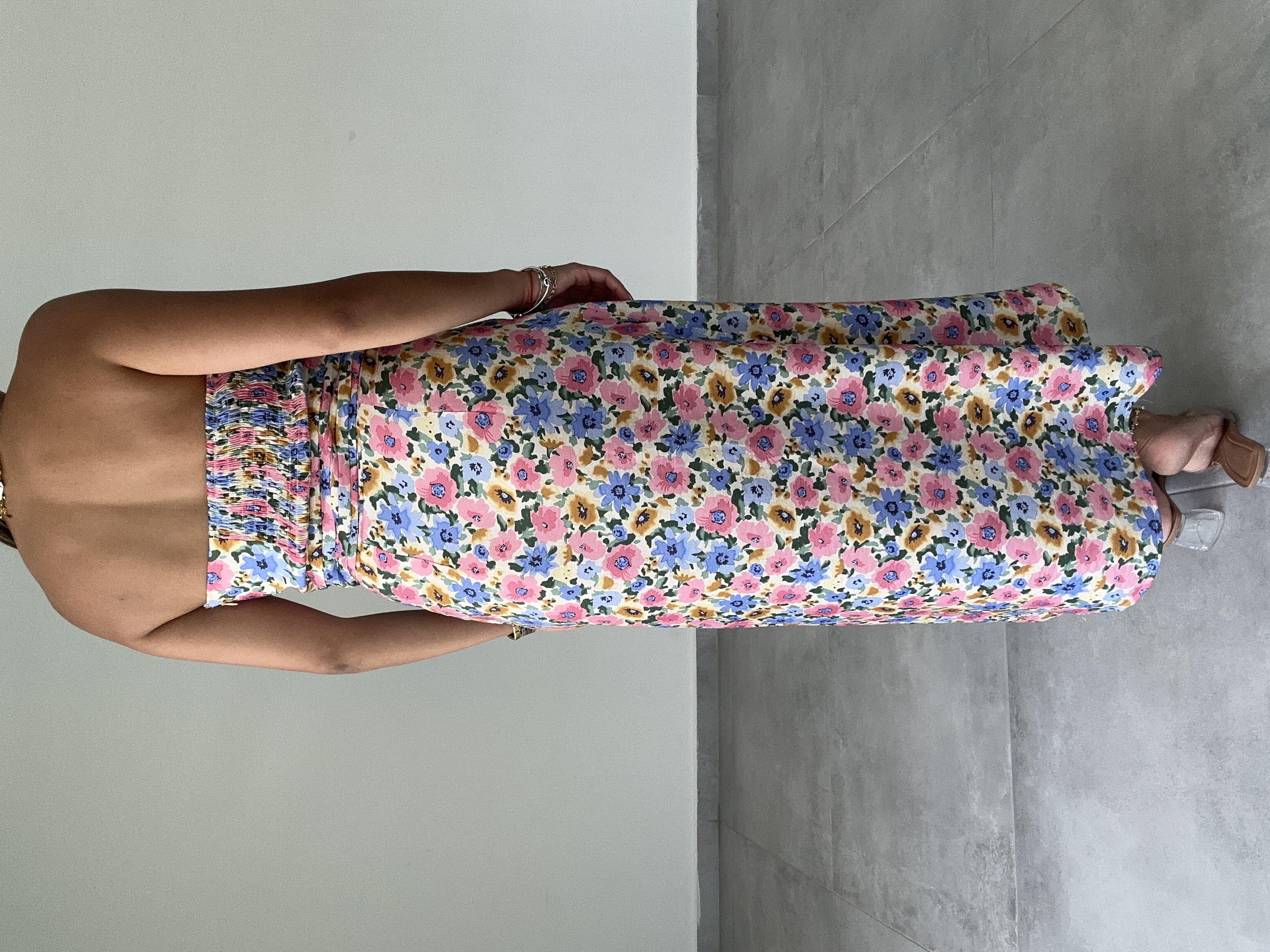 Pembe Çiçek Desenli Straplez Elbise