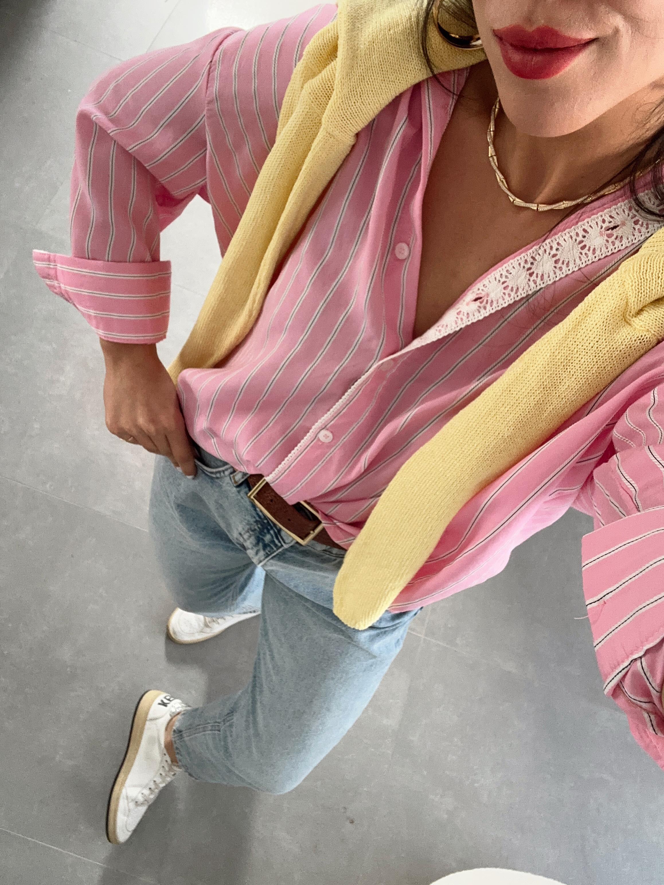 Pembe Dantel Detaylı Çizgili Gömlek