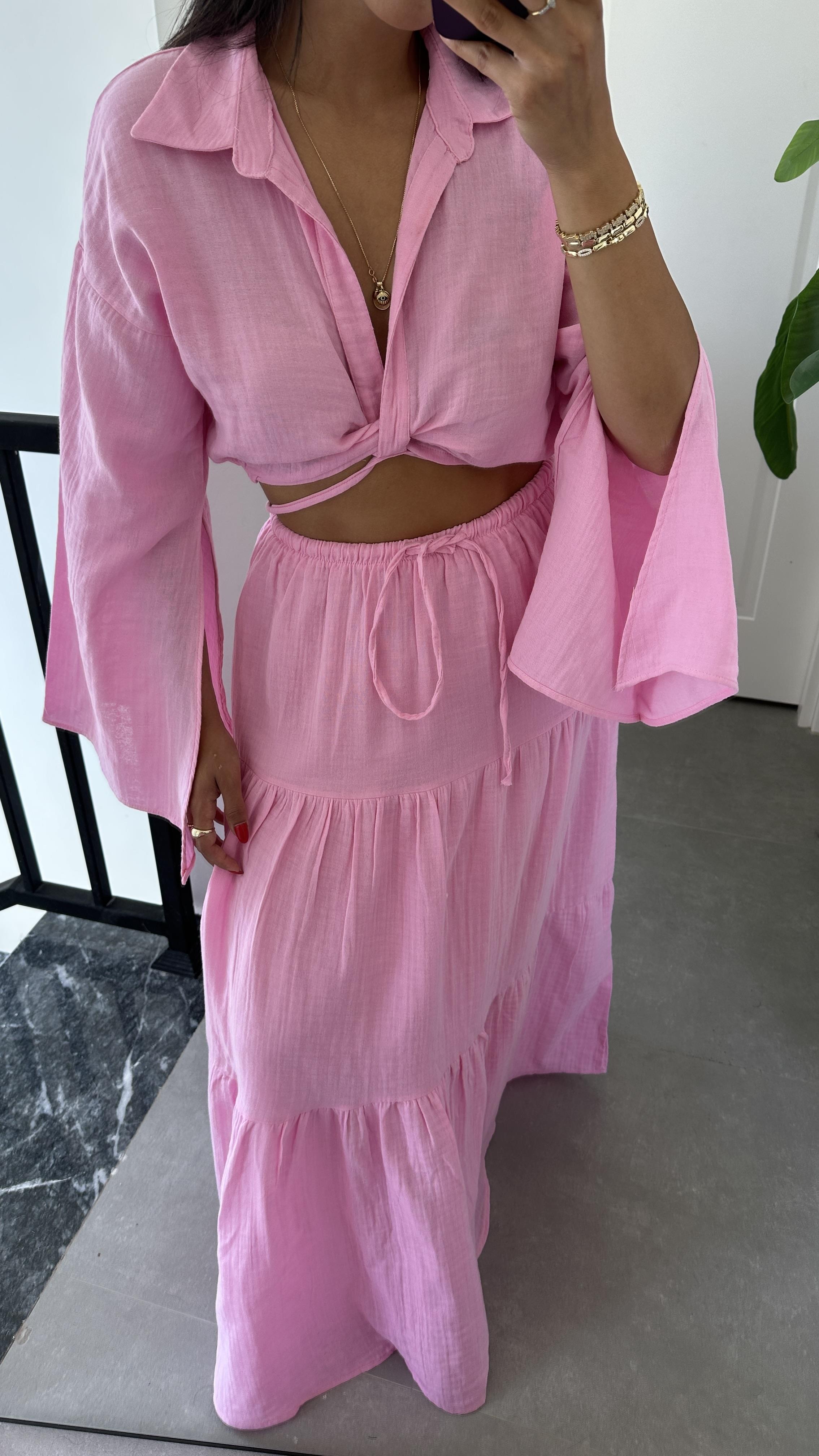 Pembe Gömleği Bağlamalı Etekli Takım