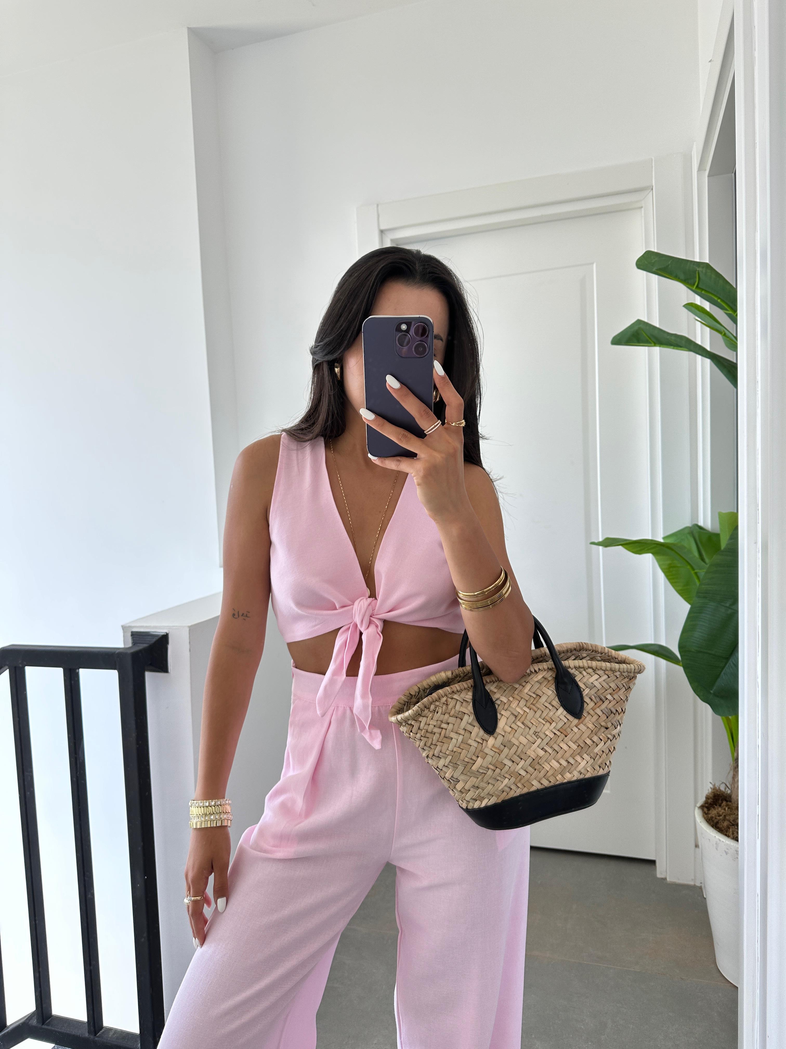 Pembe Ön Bağlamalı Crop Takım