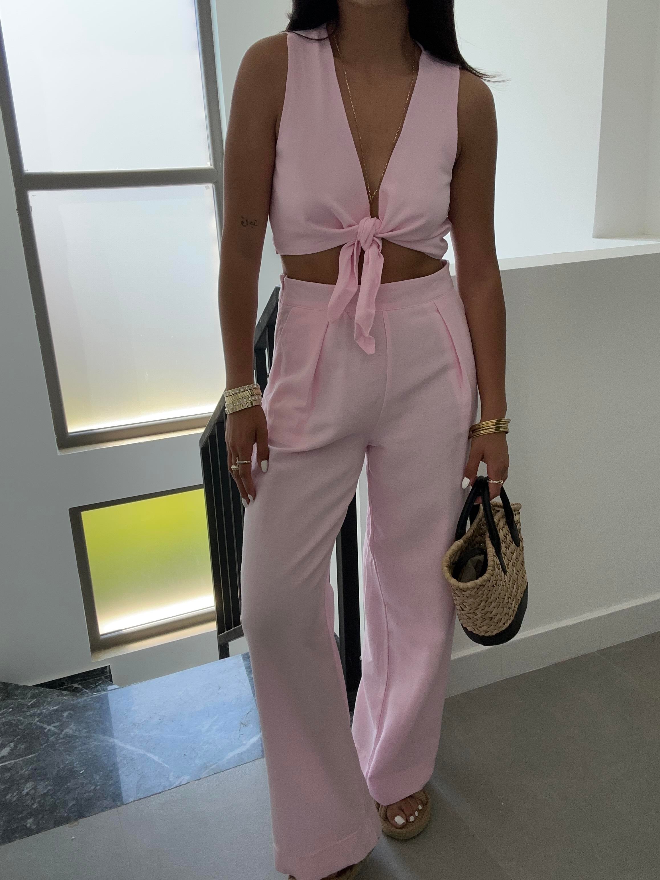 Pembe Ön Bağlamalı Crop Takım