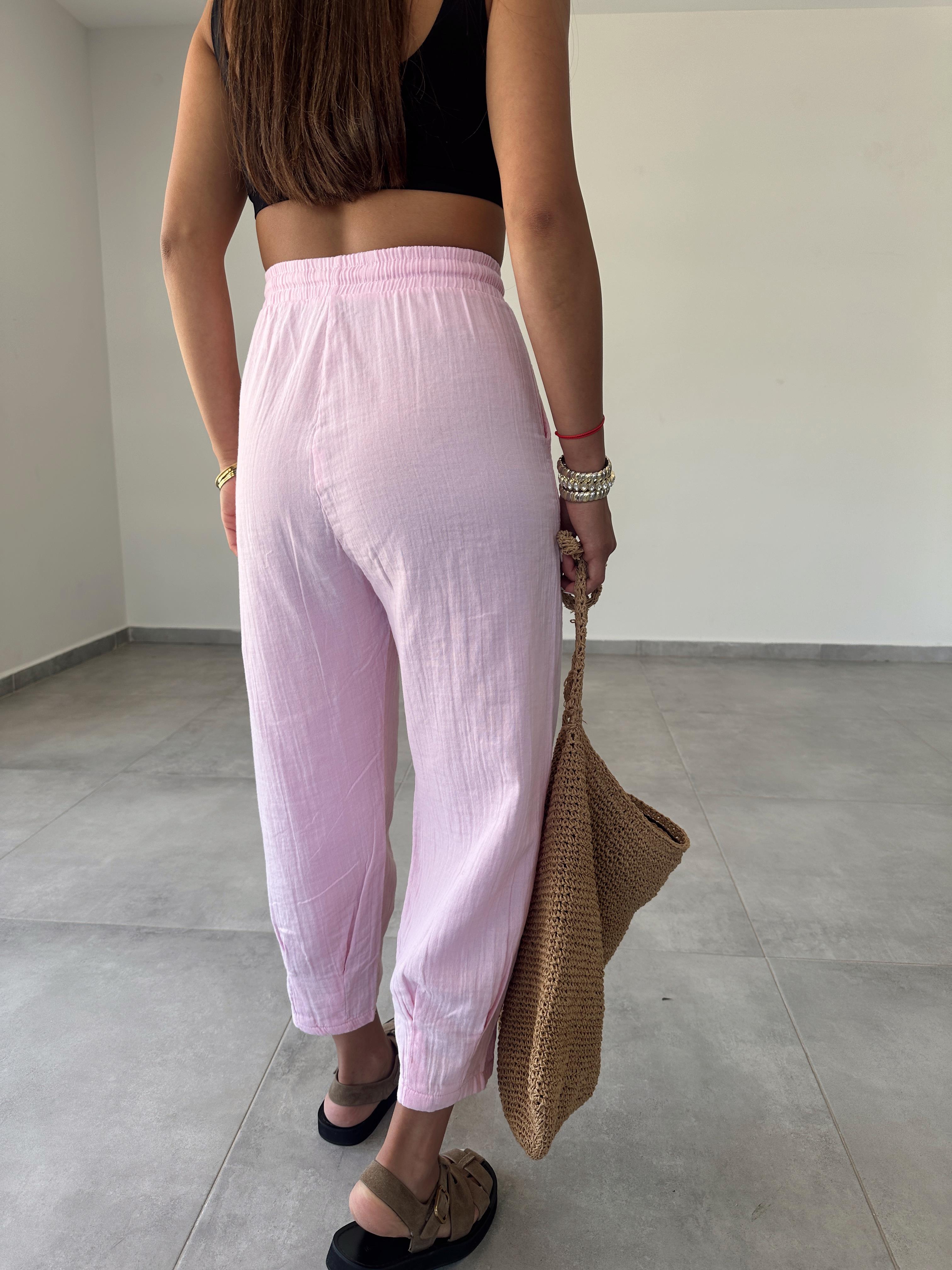 Pembe Paça Pilili Keten Pantolon