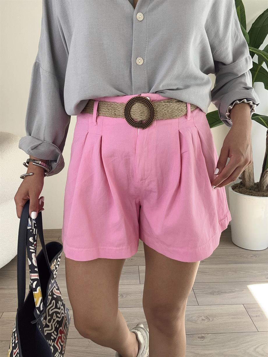 Pembe Pileli Kemerli Şort