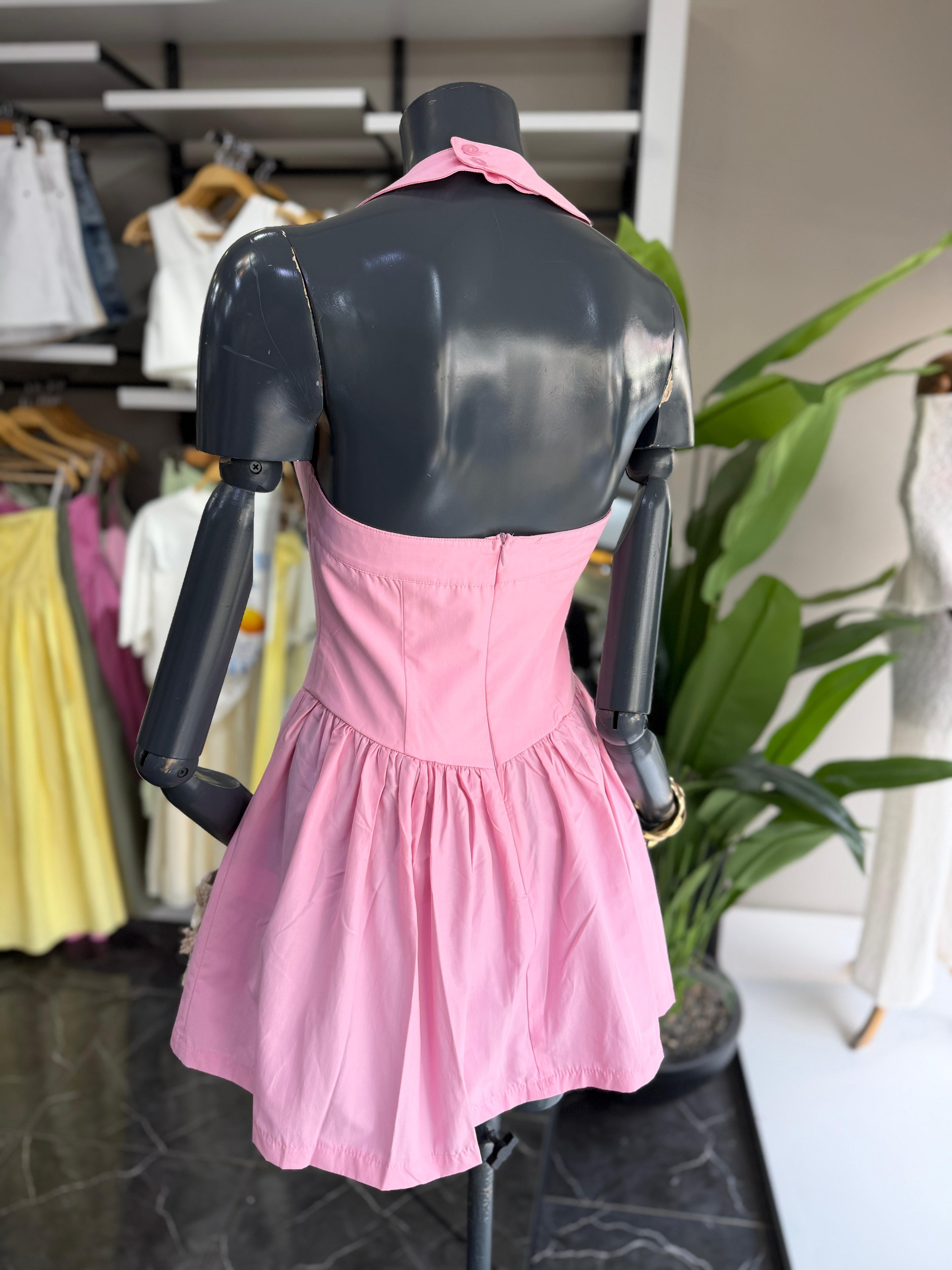 Pembe Poplin Kumaş Halter Yaka Elbise