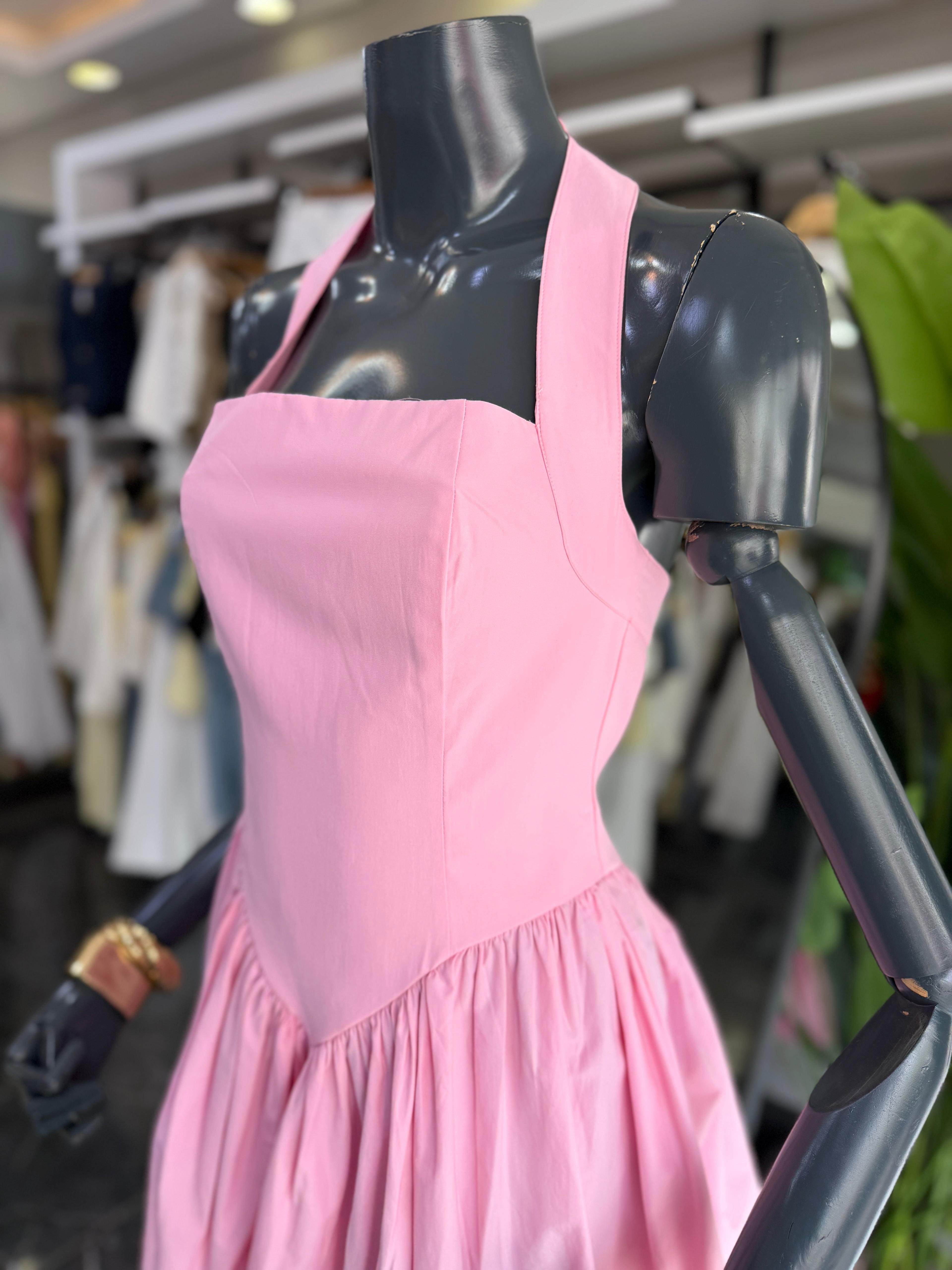 Pembe Poplin Kumaş Halter Yaka Elbise