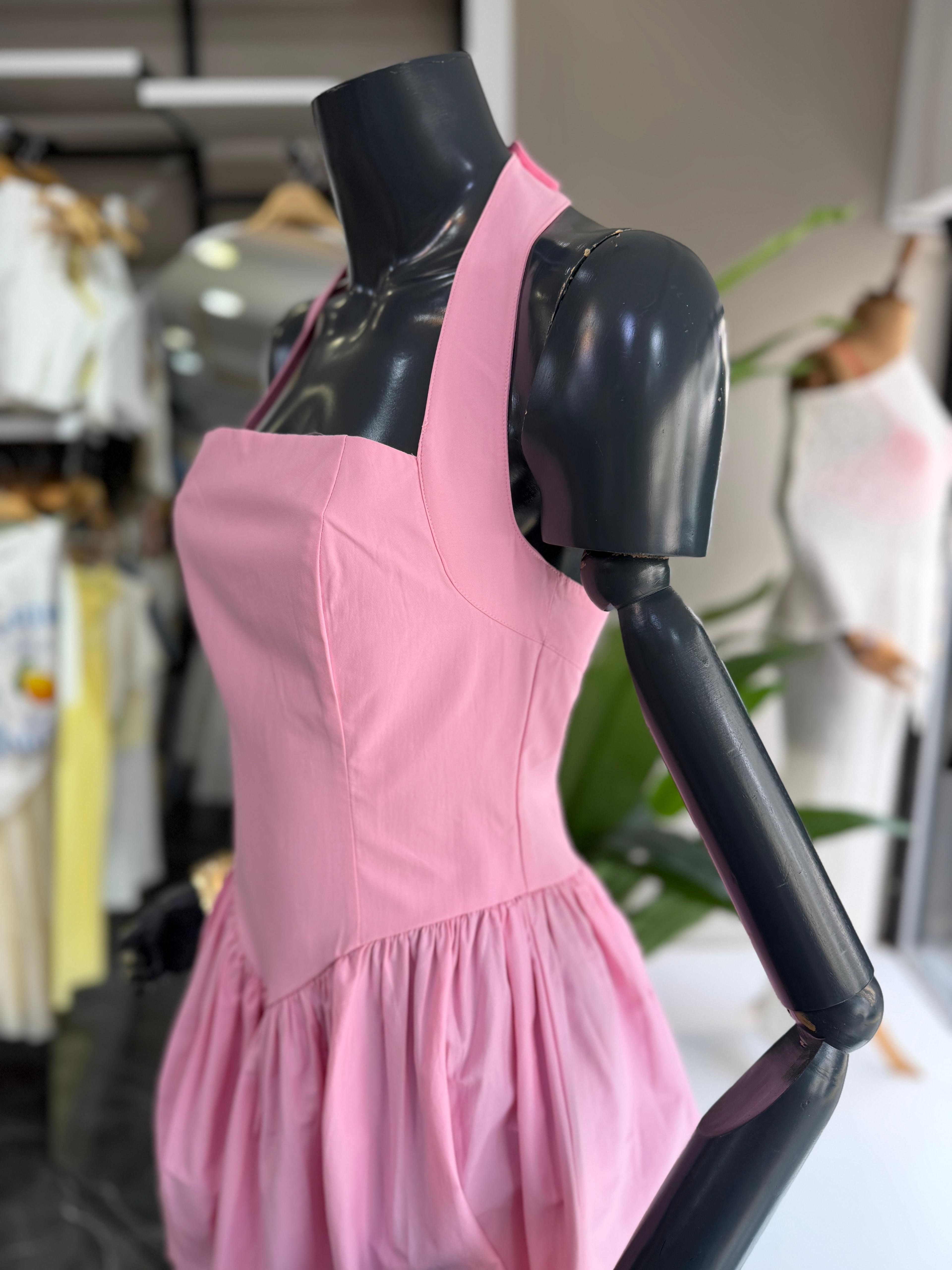 Pembe Poplin Kumaş Halter Yaka Elbise