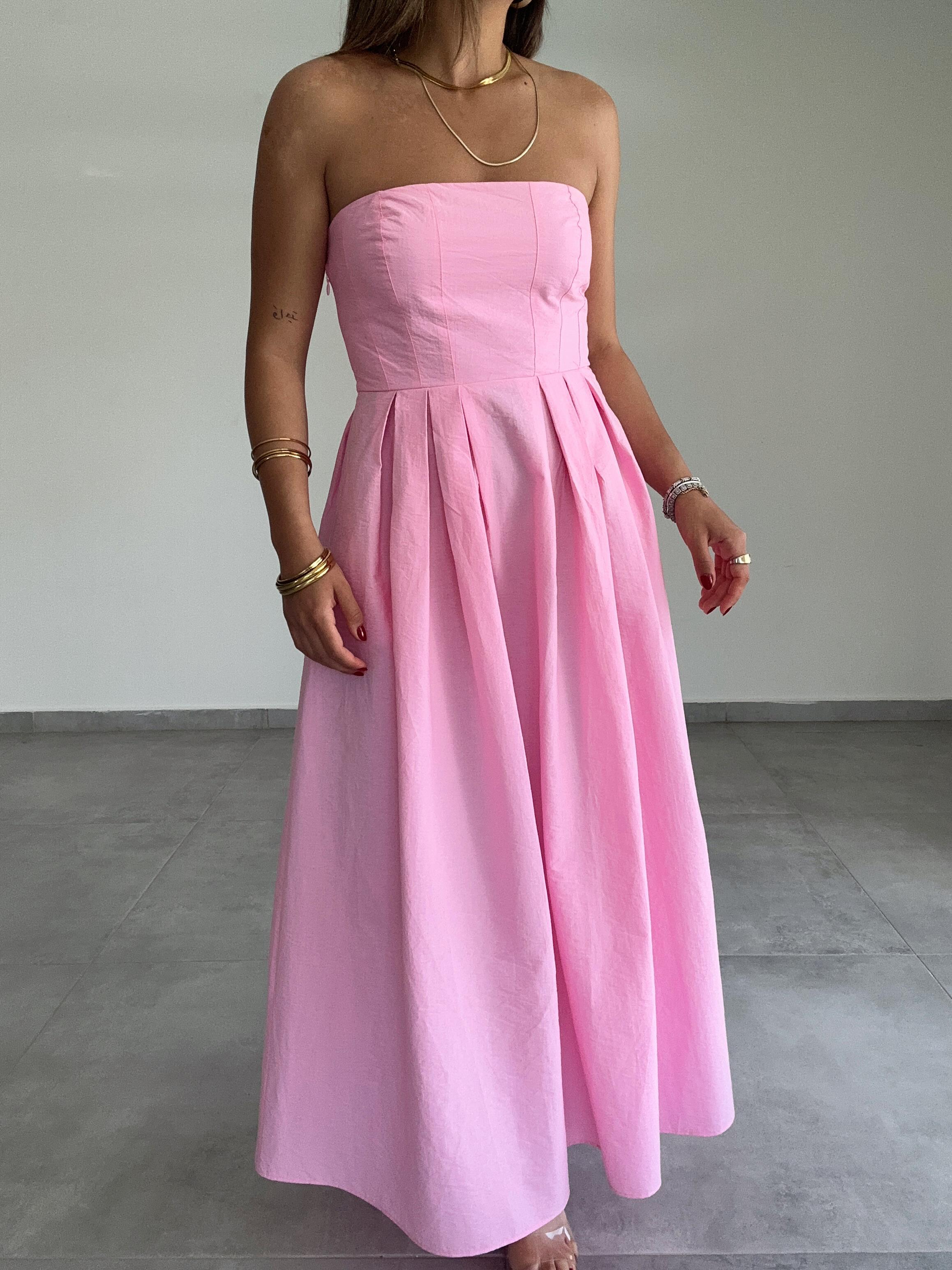 Pembe Poplin Kumaş Straplez Elbise