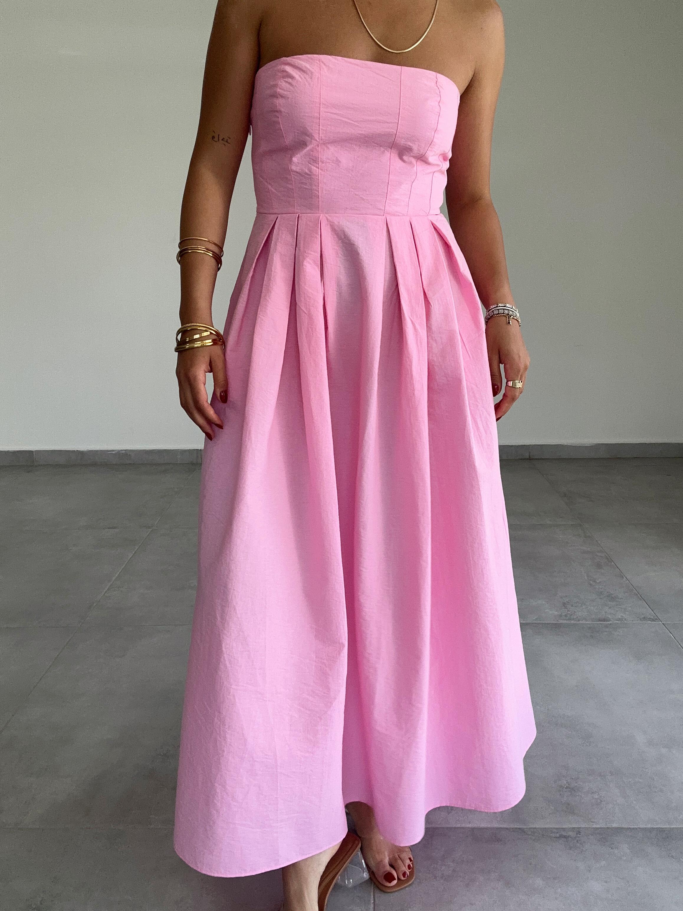 Pembe Poplin Kumaş Straplez Elbise