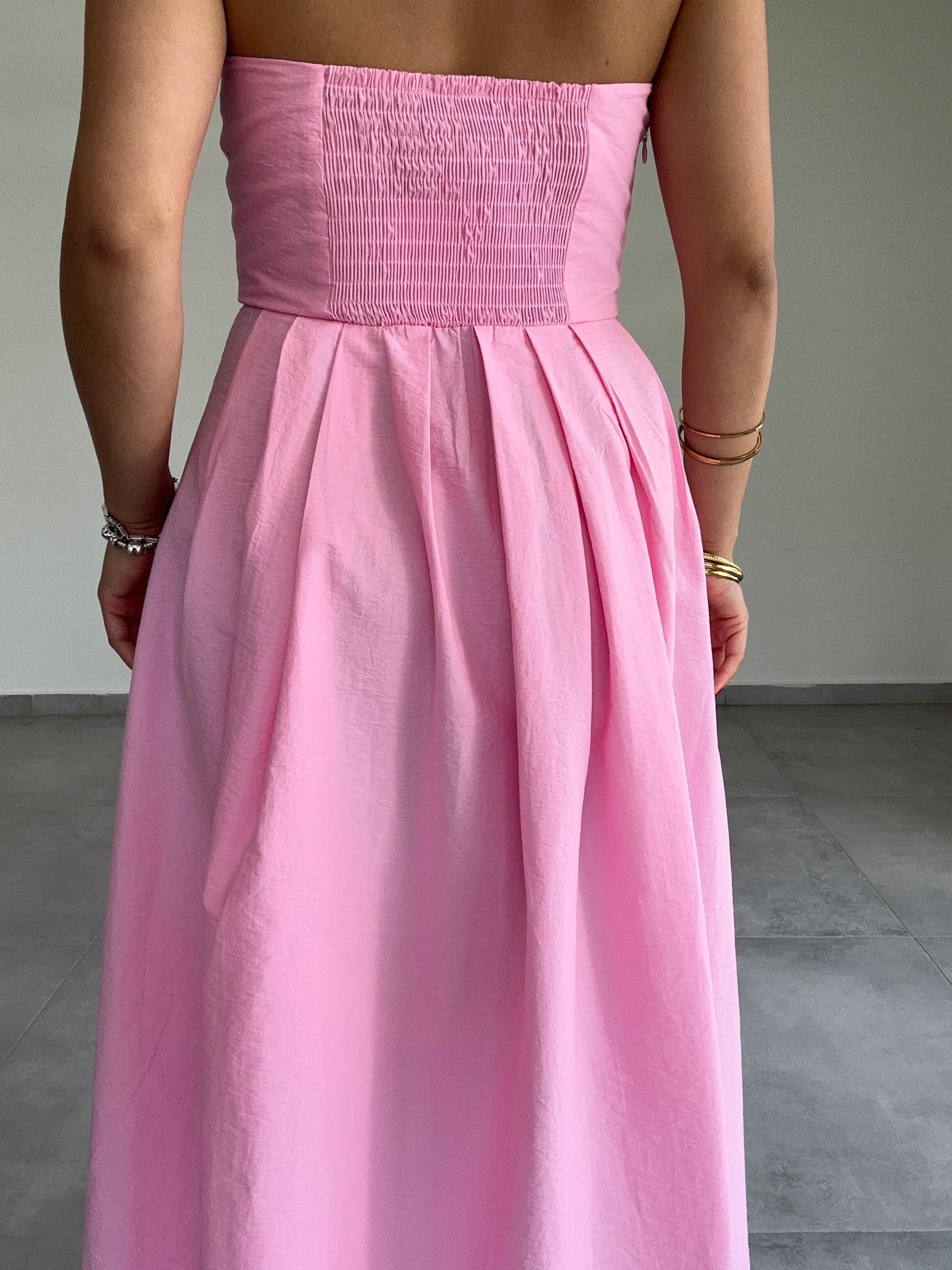 Pembe Poplin Kumaş Straplez Elbise