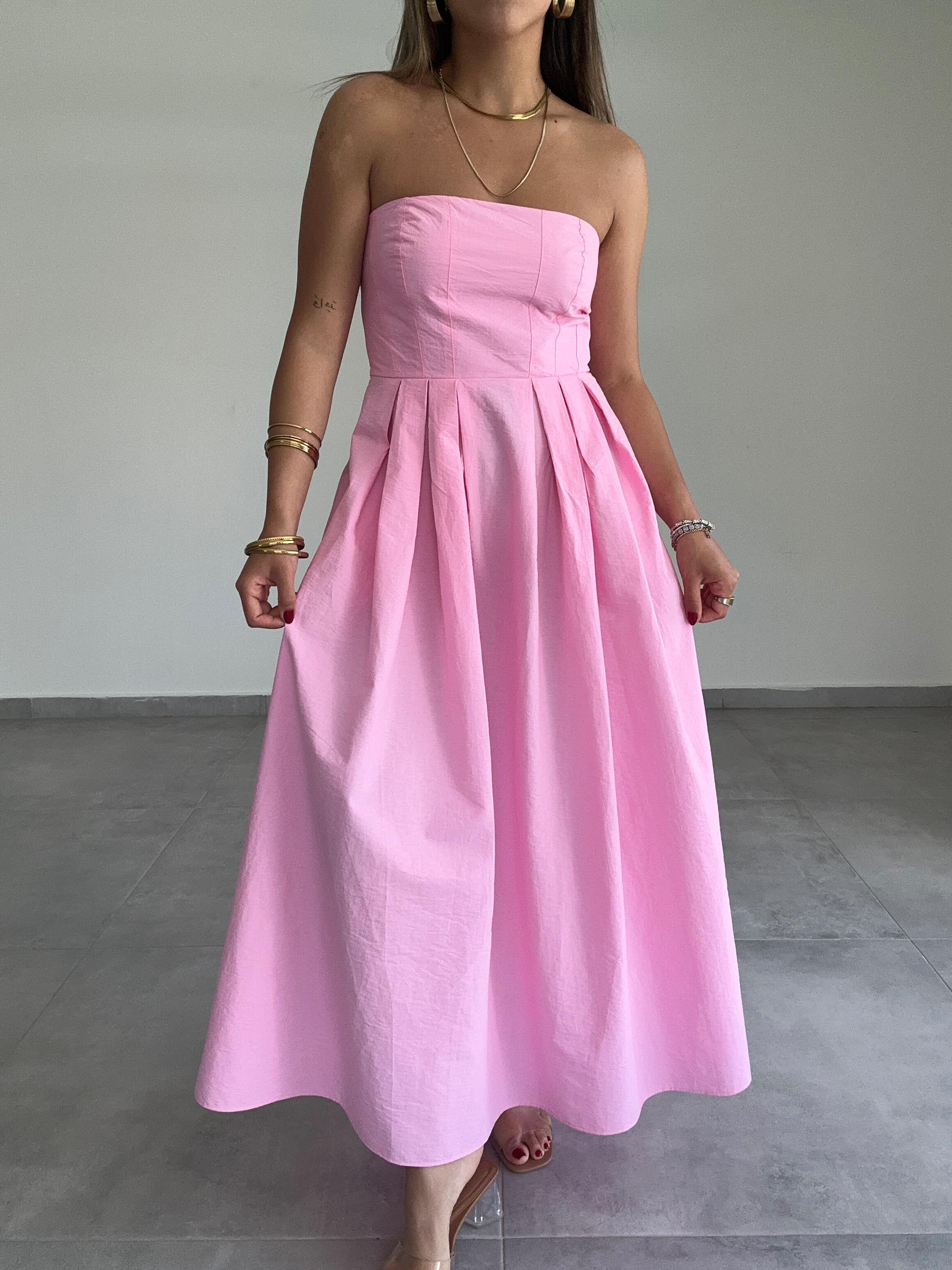 Pembe Poplin Kumaş Straplez Elbise