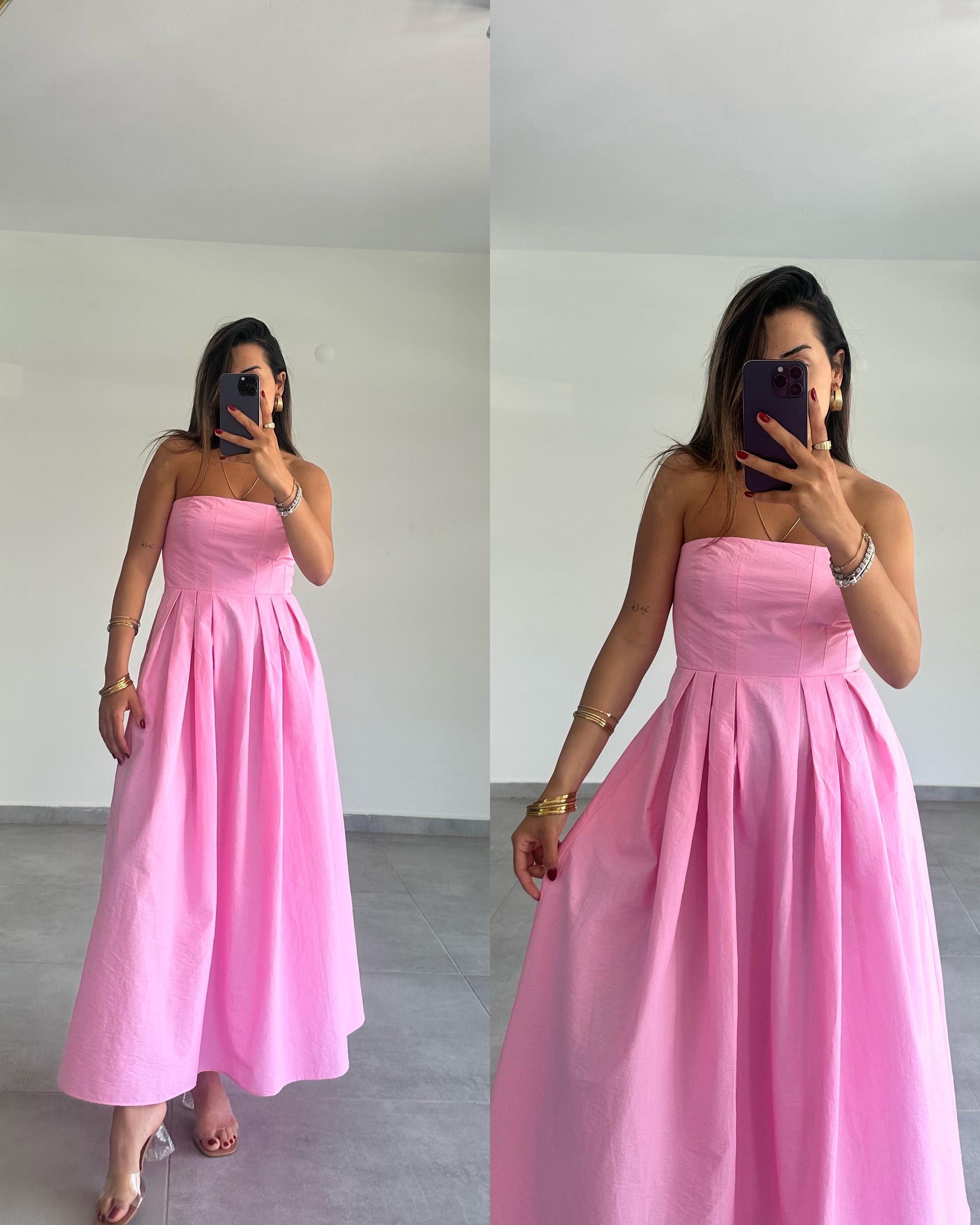 Pembe Poplin Kumaş Straplez Elbise