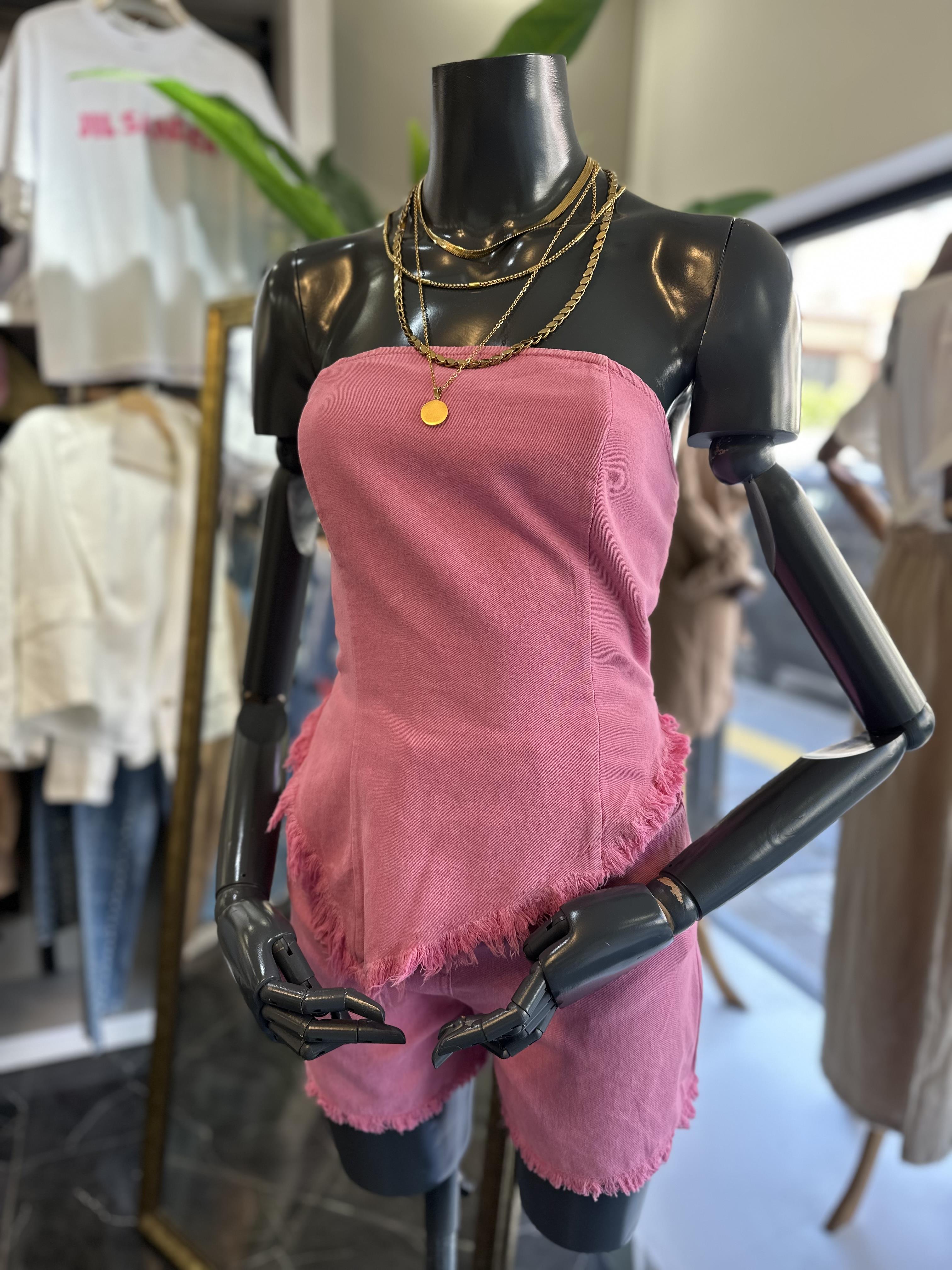 Pembe Yıkamalı Şortlu Büstiyer Takım