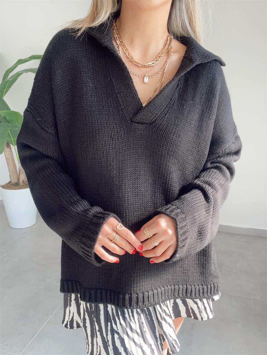 Polo Yaka Oversize Siyah Triko Kazak