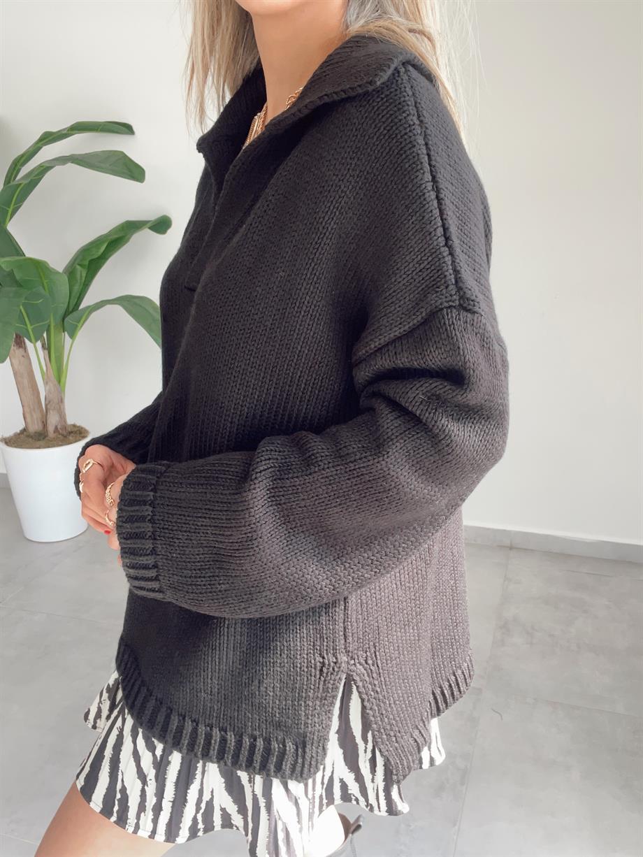 Polo Yaka Oversize Siyah Triko Kazak