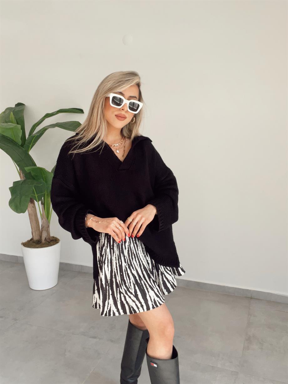 Polo Yaka Oversize Siyah Triko Kazak