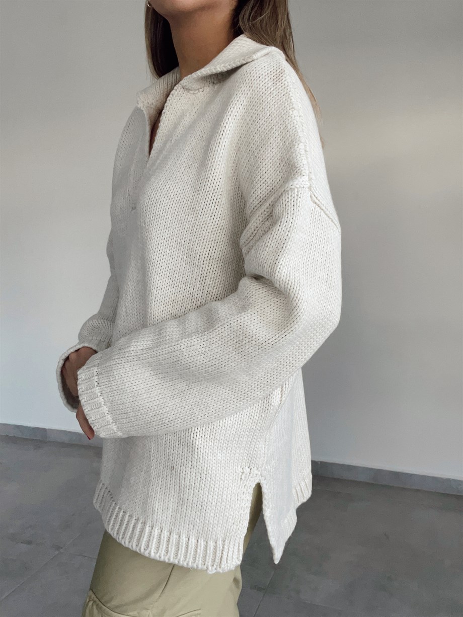 Polo Yaka Oversize Taş  Triko Kazak