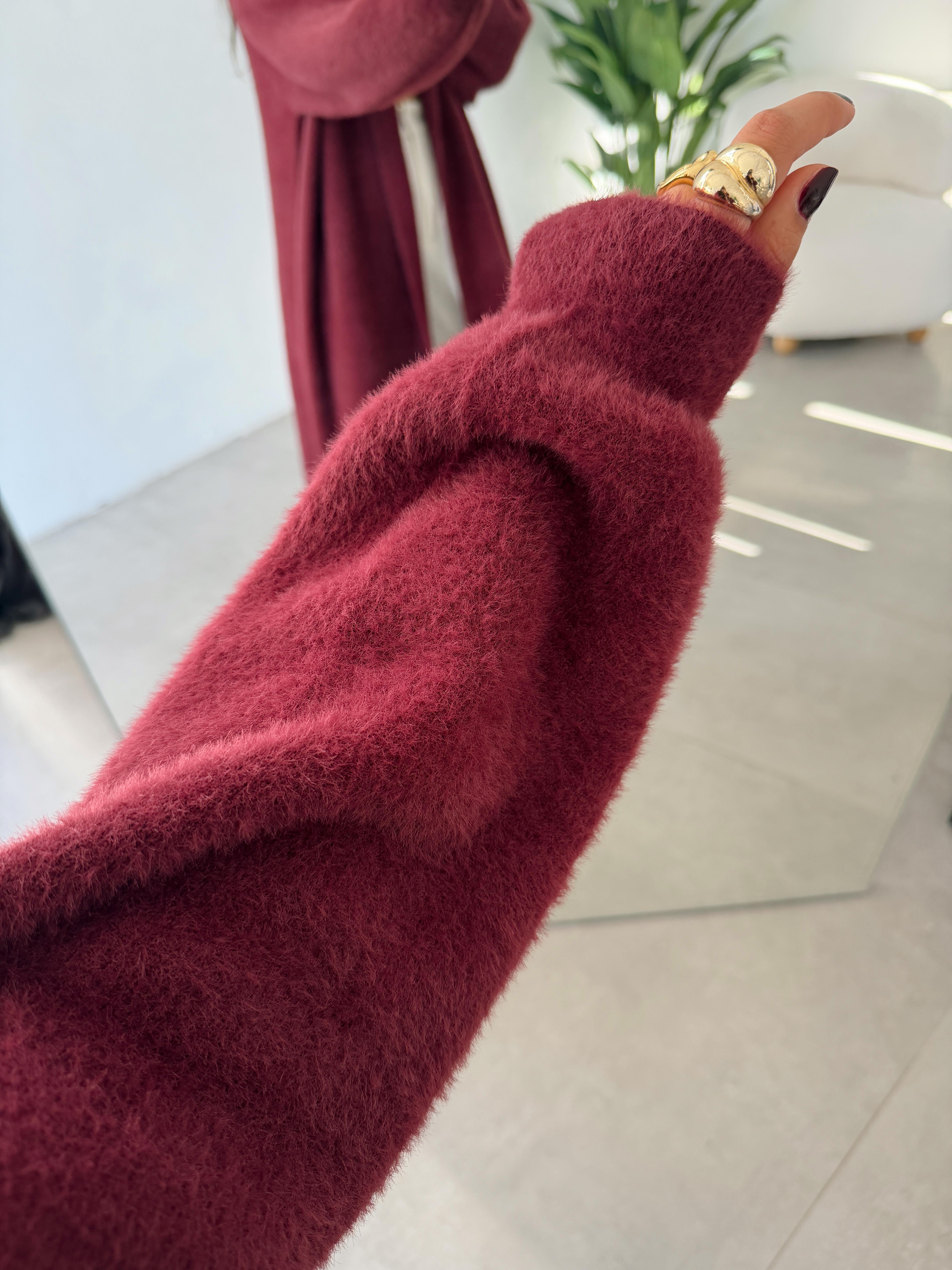 Sakallı Bordo Uzun Triko Hırka