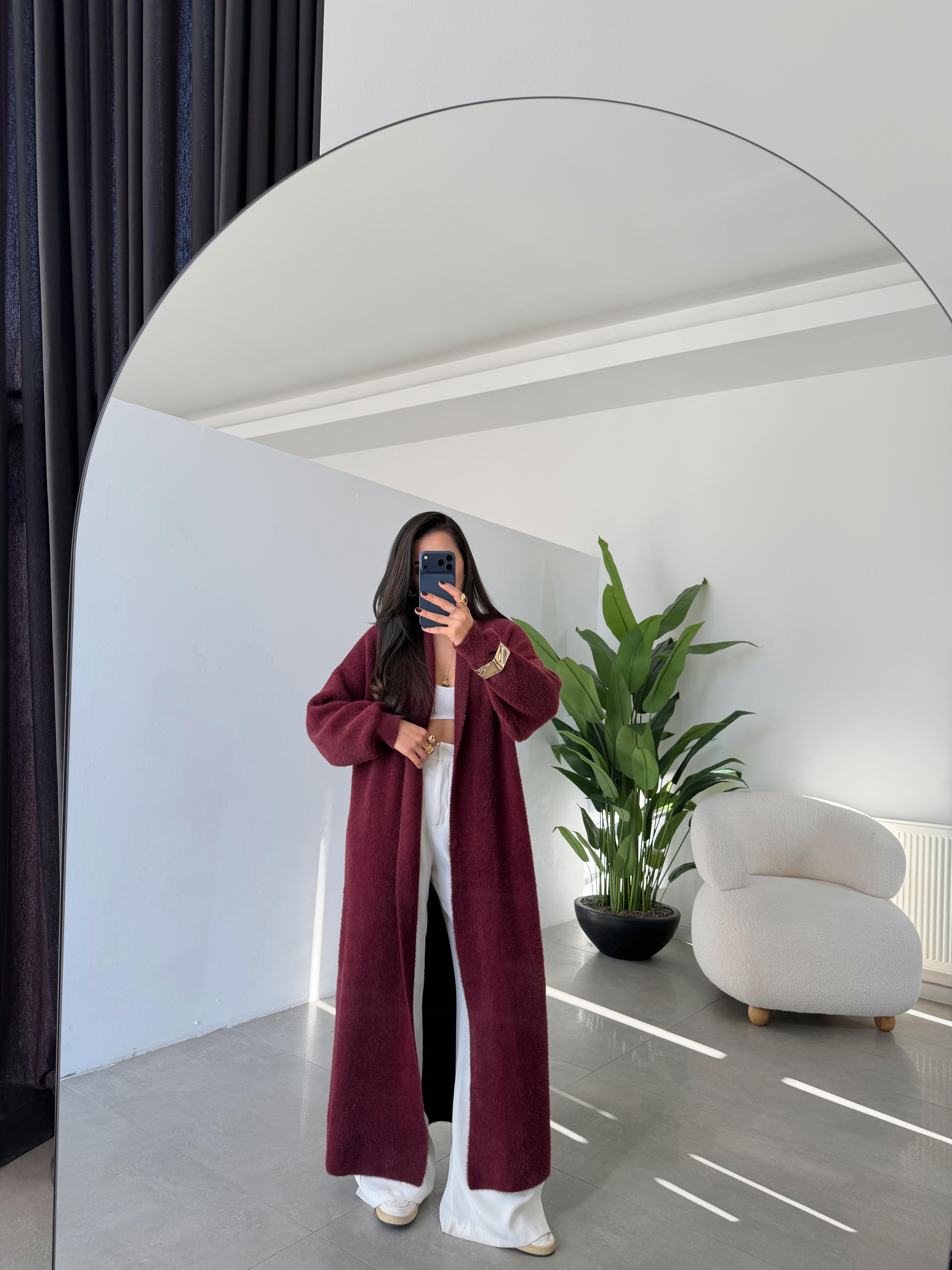 Sakallı Bordo Uzun Triko Hırka