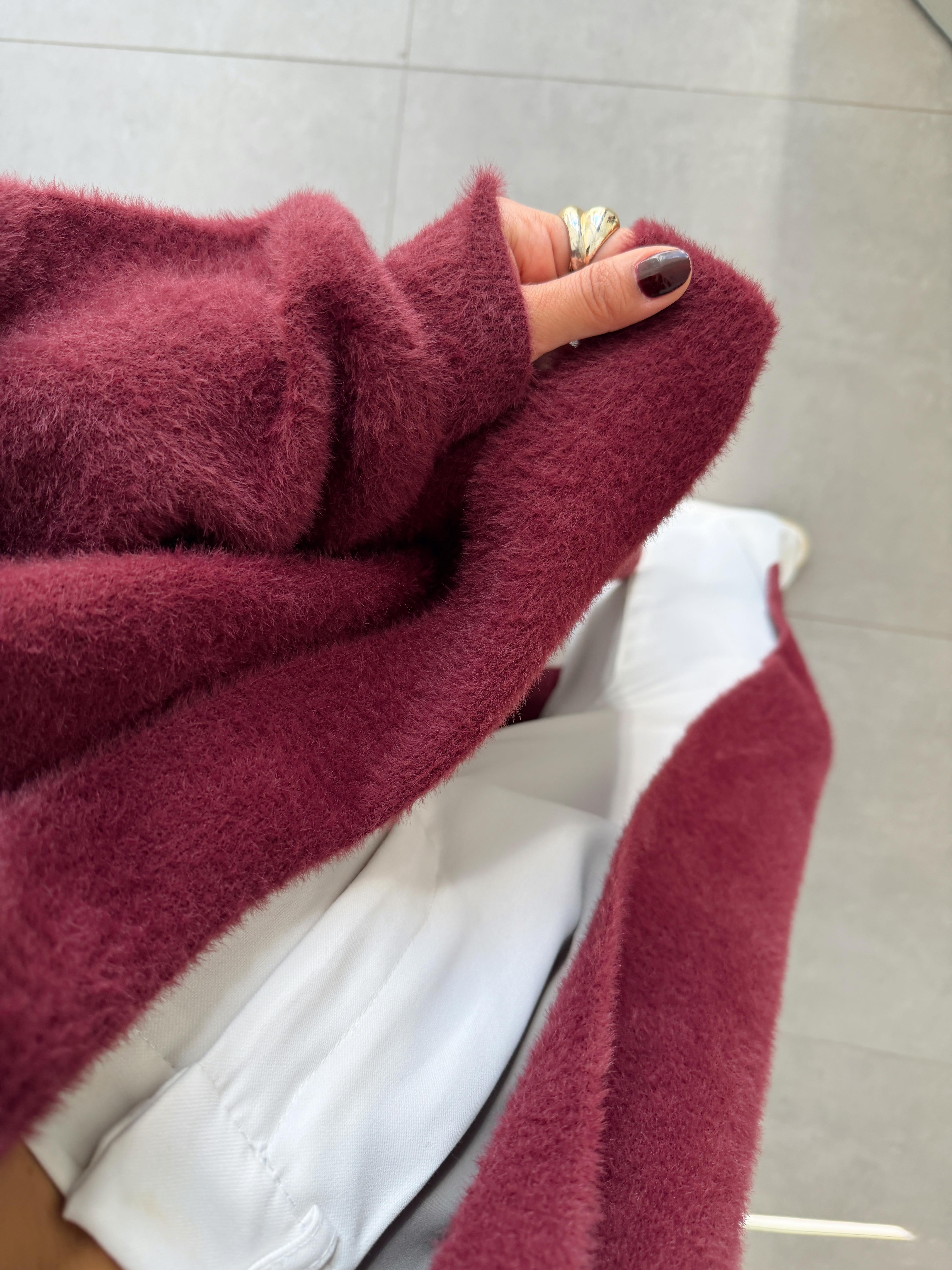 Sakallı Bordo Uzun Triko Hırka