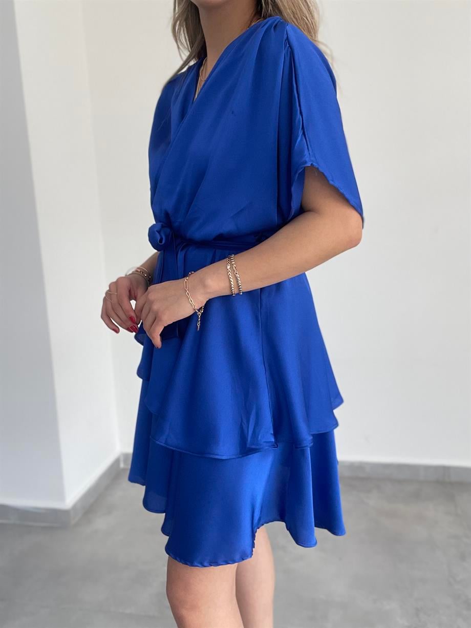 Saks Saten Fırfırlı Elbise