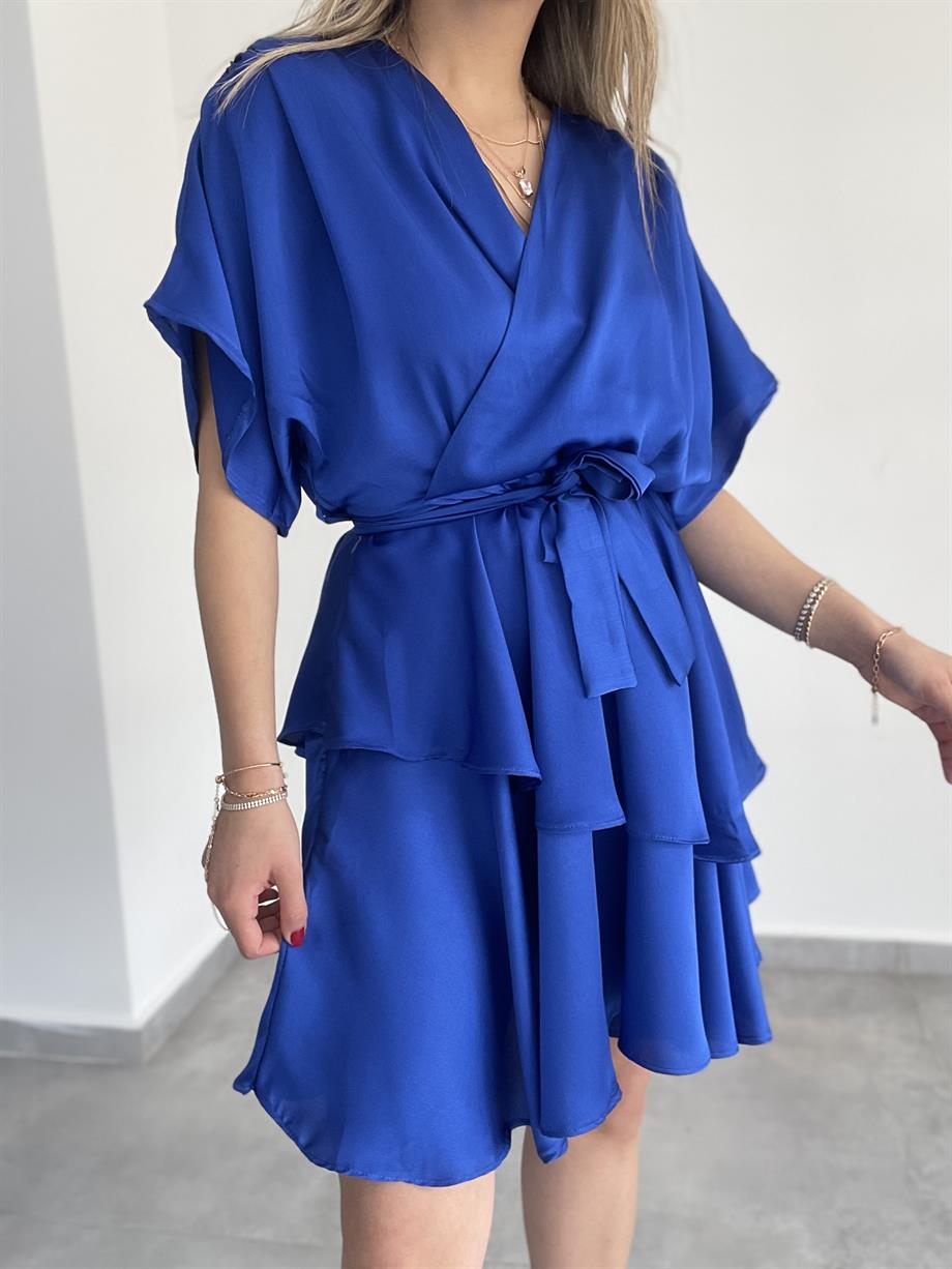 Saks Saten Fırfırlı Elbise