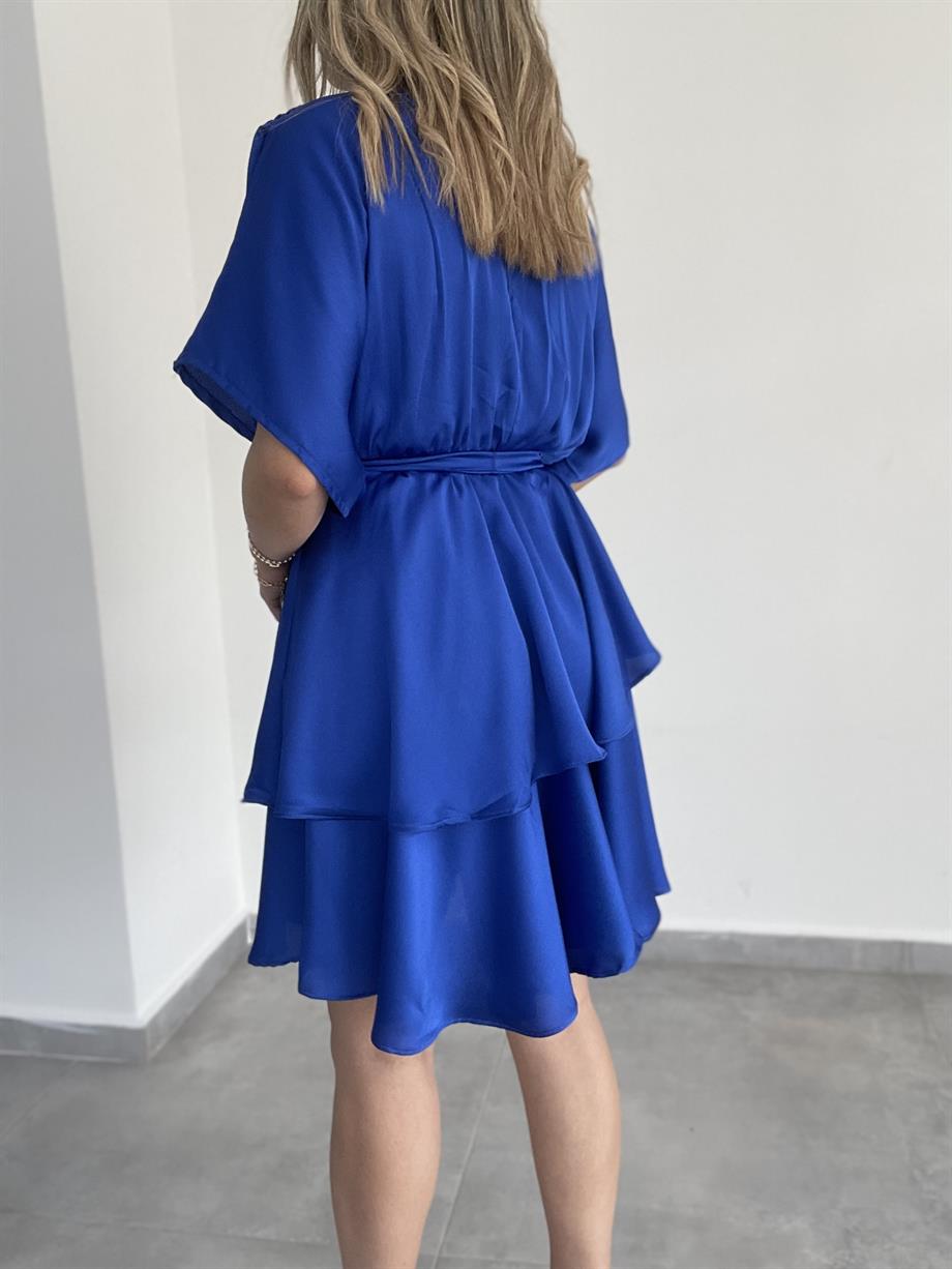 Saks Saten Fırfırlı Elbise