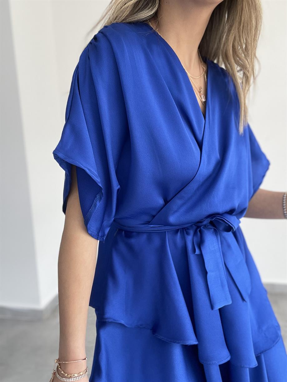 Saks Saten Fırfırlı Elbise