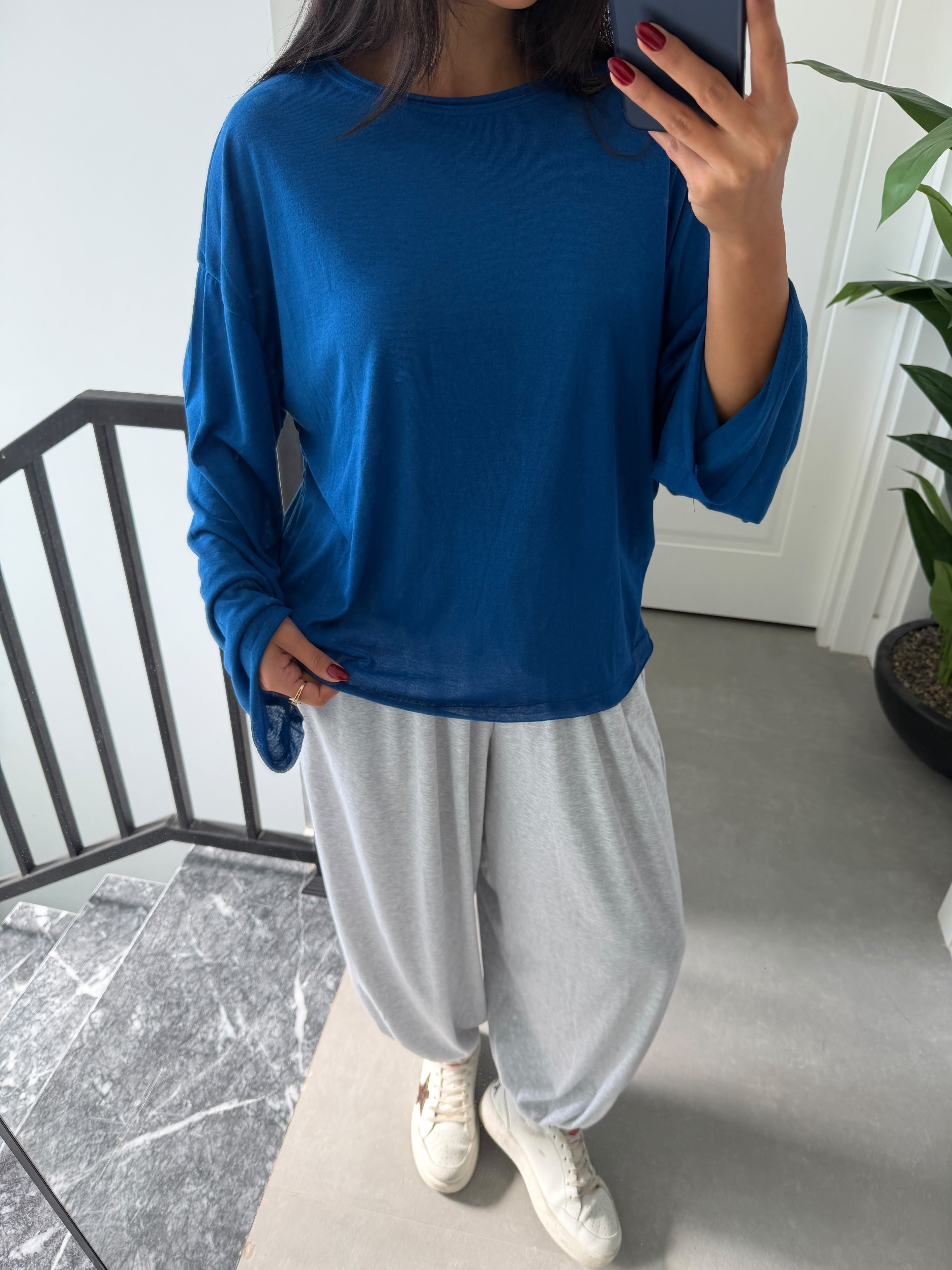Saks Transparan Uzun Kollu Basic Tshirt
