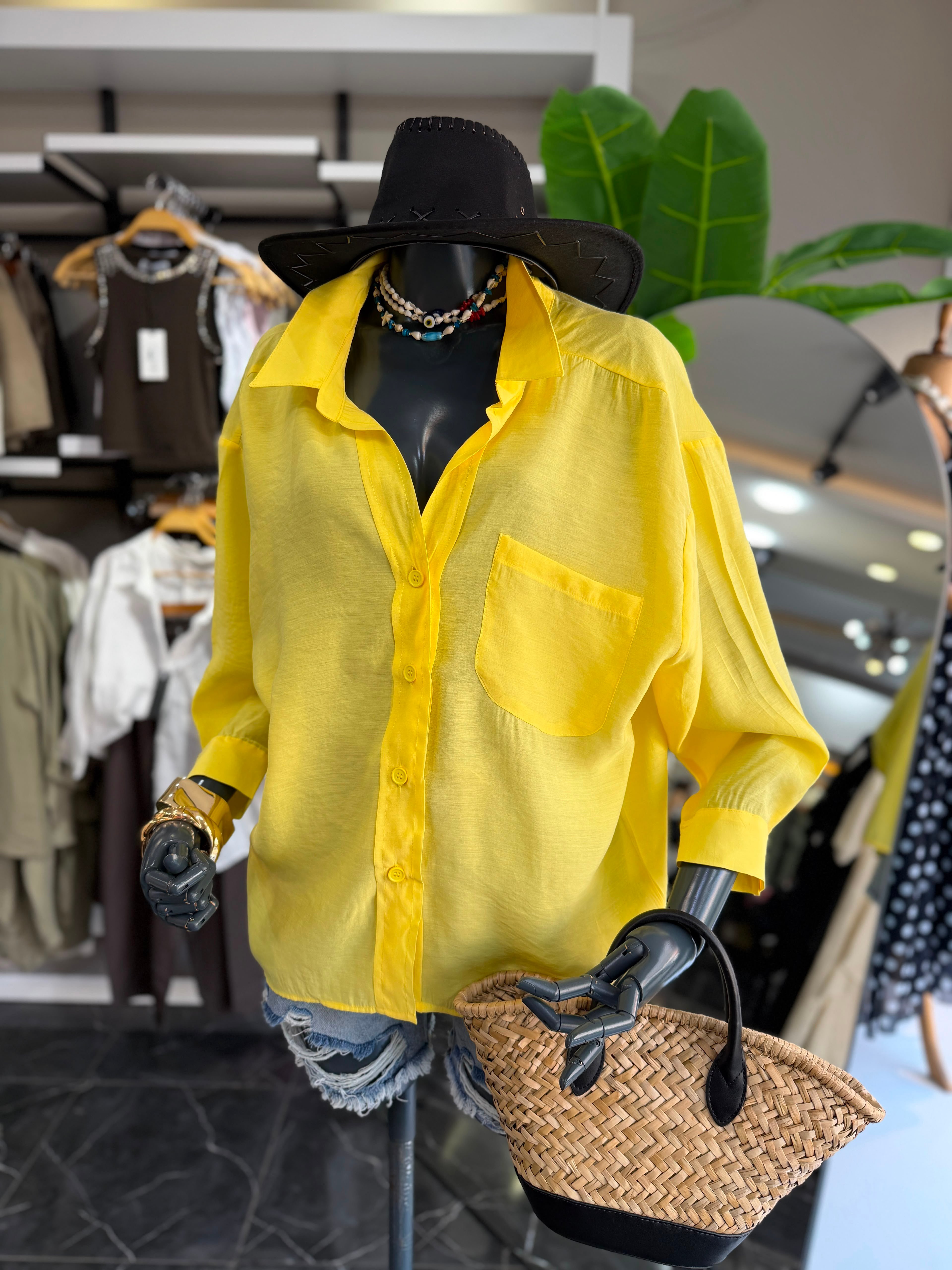 Sarı Düşük Omuz Oversize Gömlek