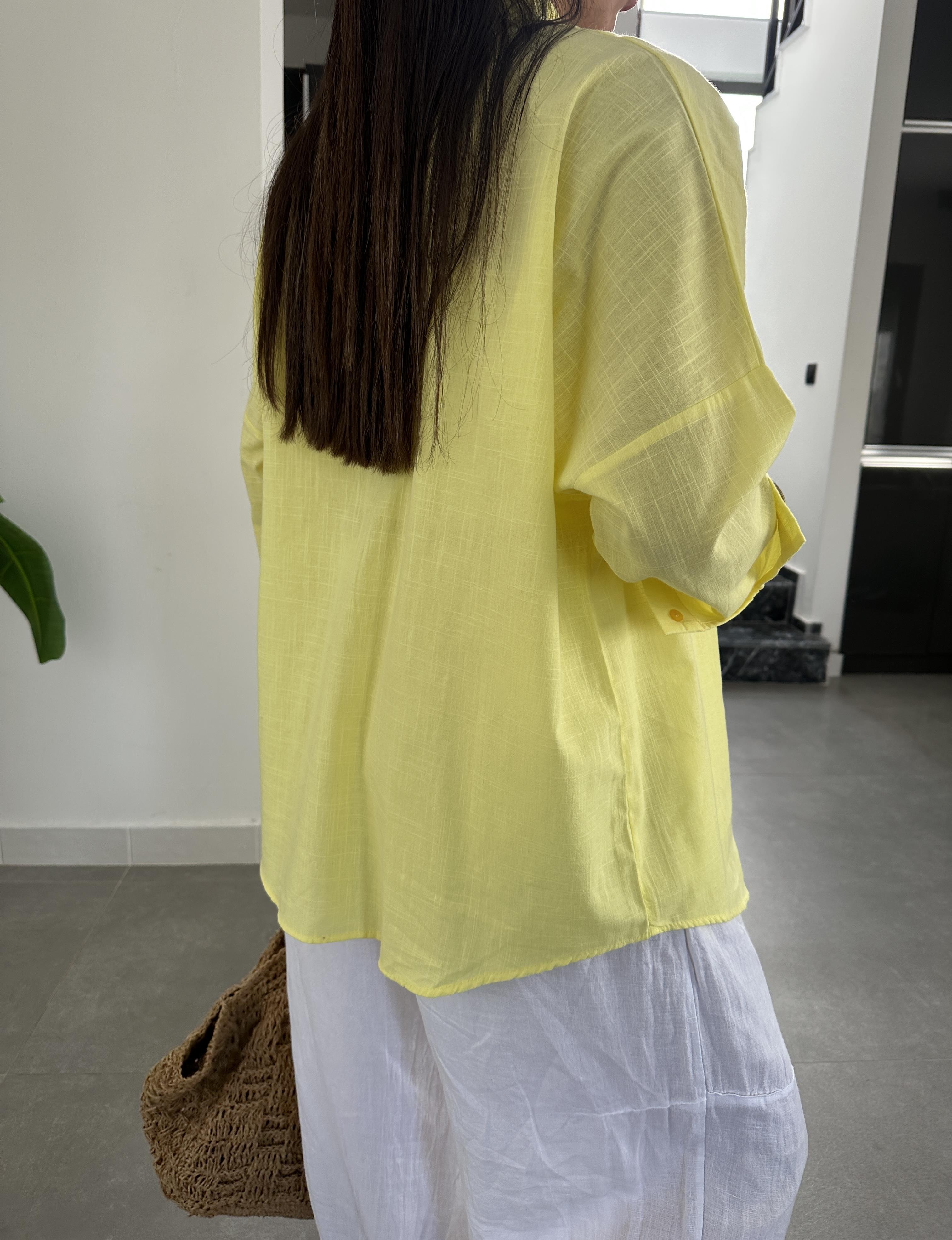 Sarı Flamlı Keten Çift Cep Oversize Gömlek