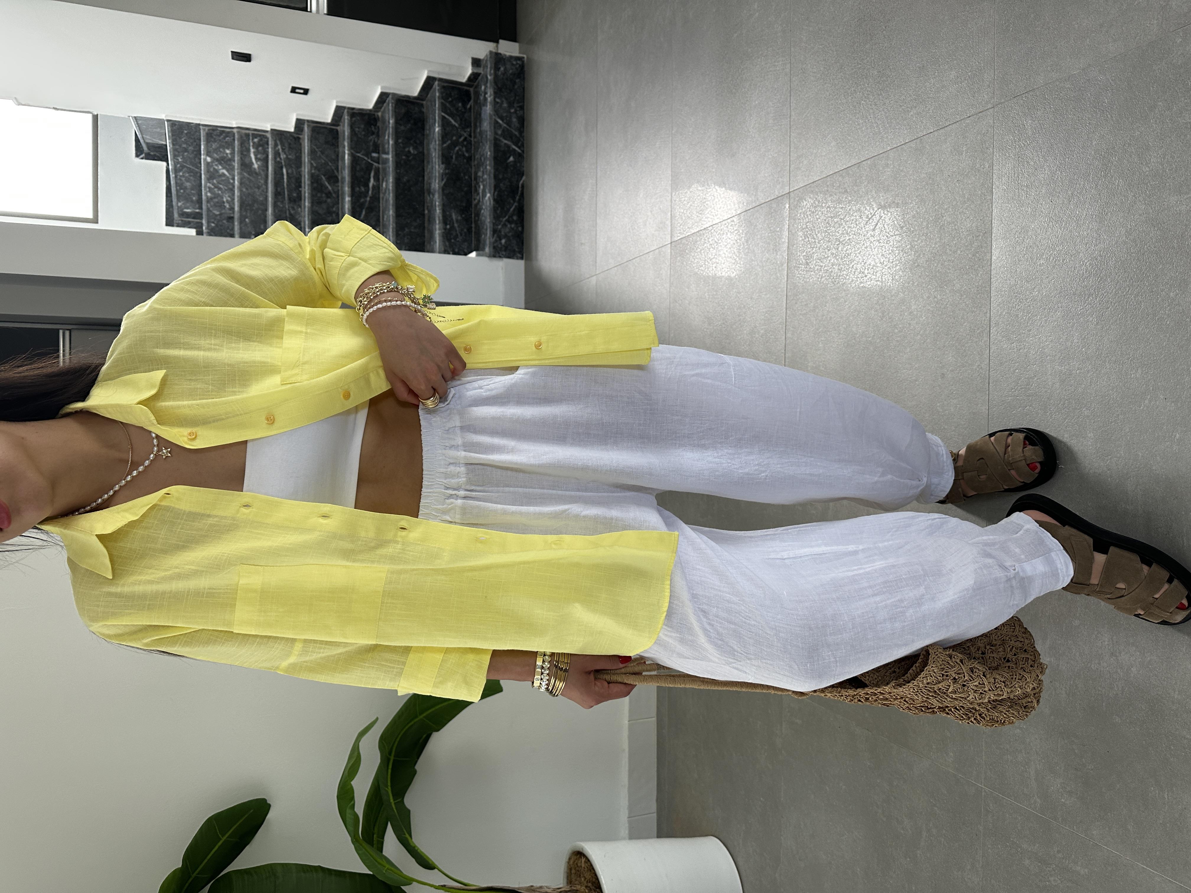 Sarı Flamlı Keten Çift Cep Oversize Gömlek