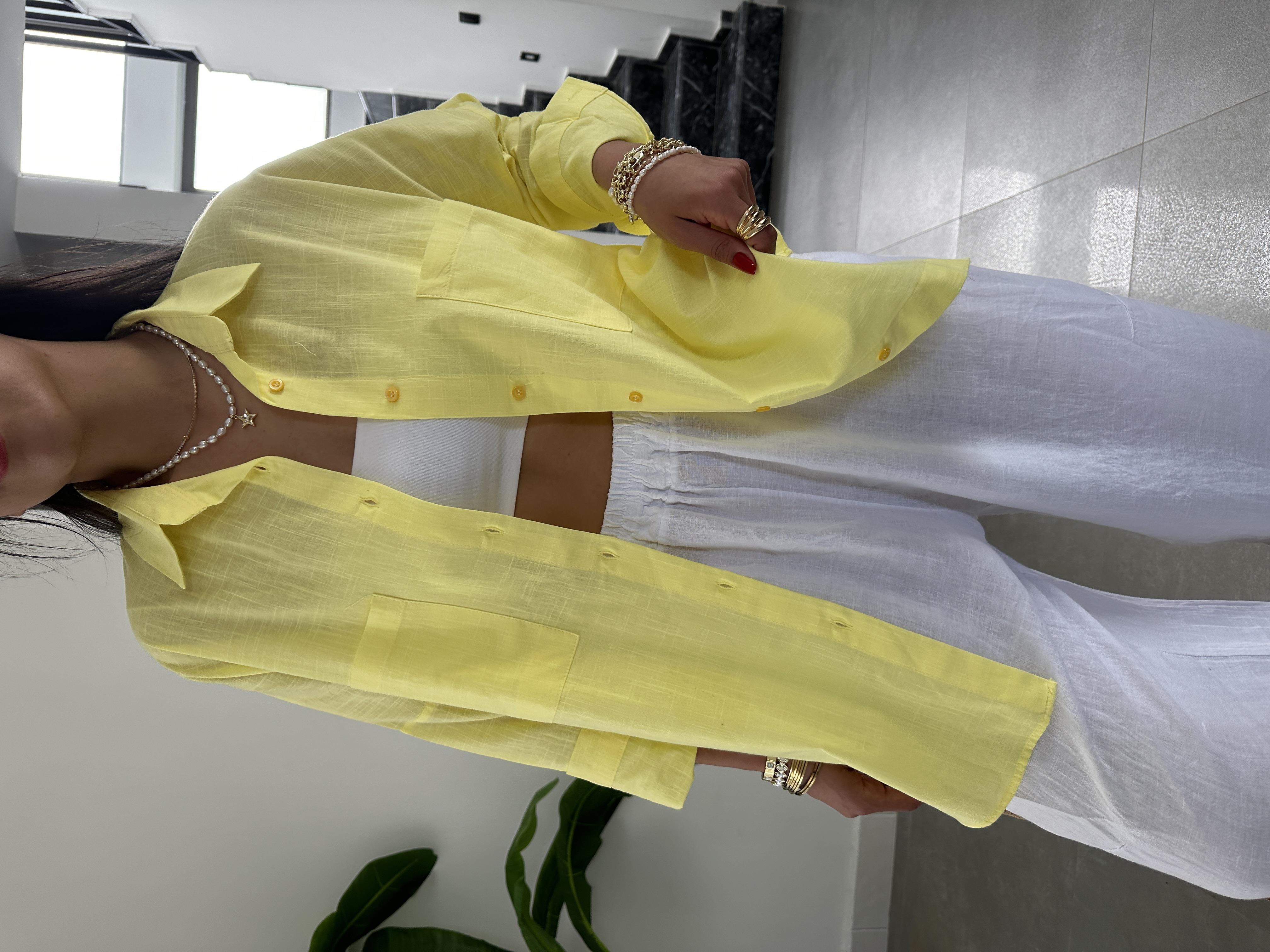 Sarı Flamlı Keten Çift Cep Oversize Gömlek