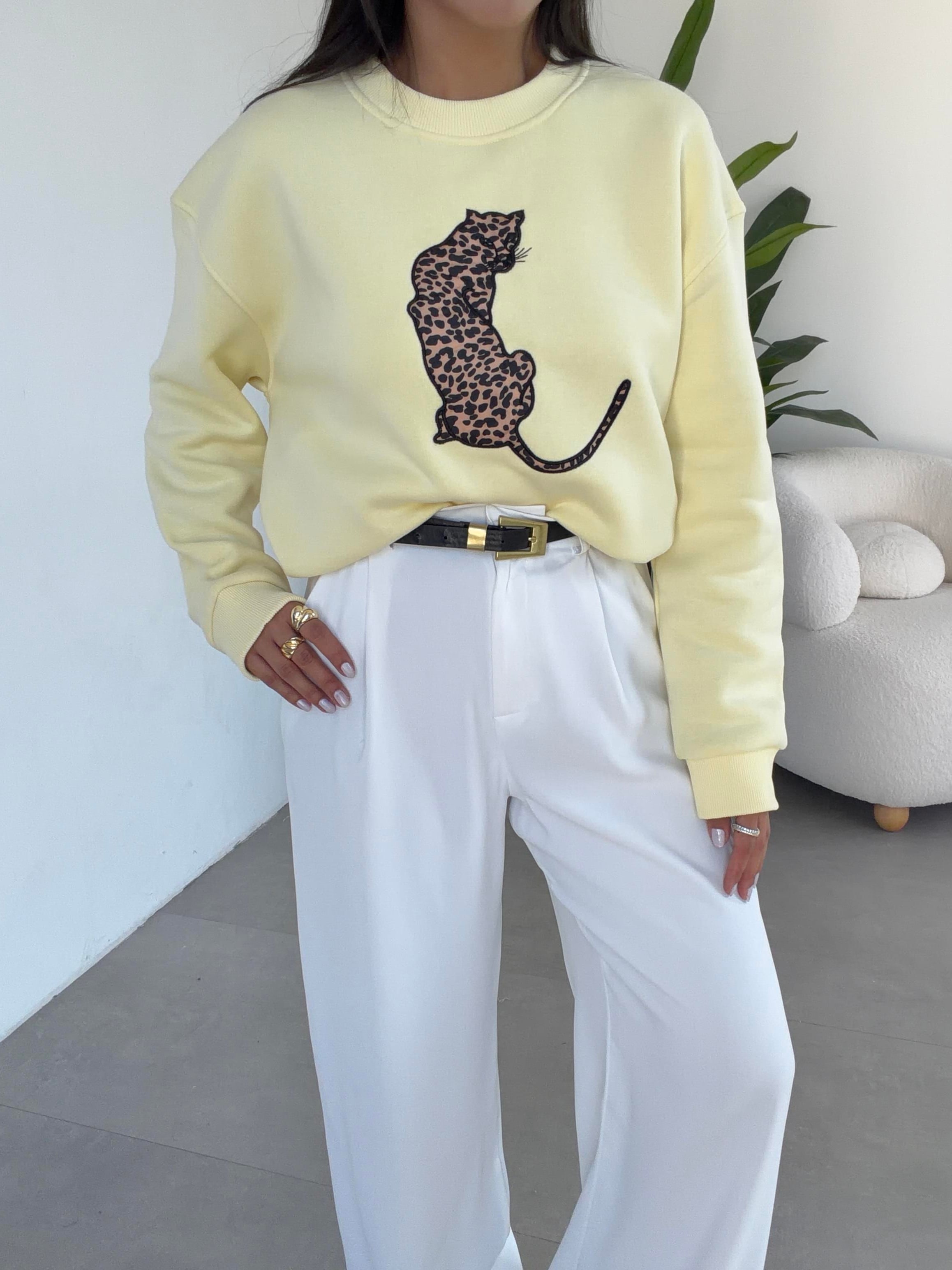 Sarı Leopar Desenli Sweatshirt