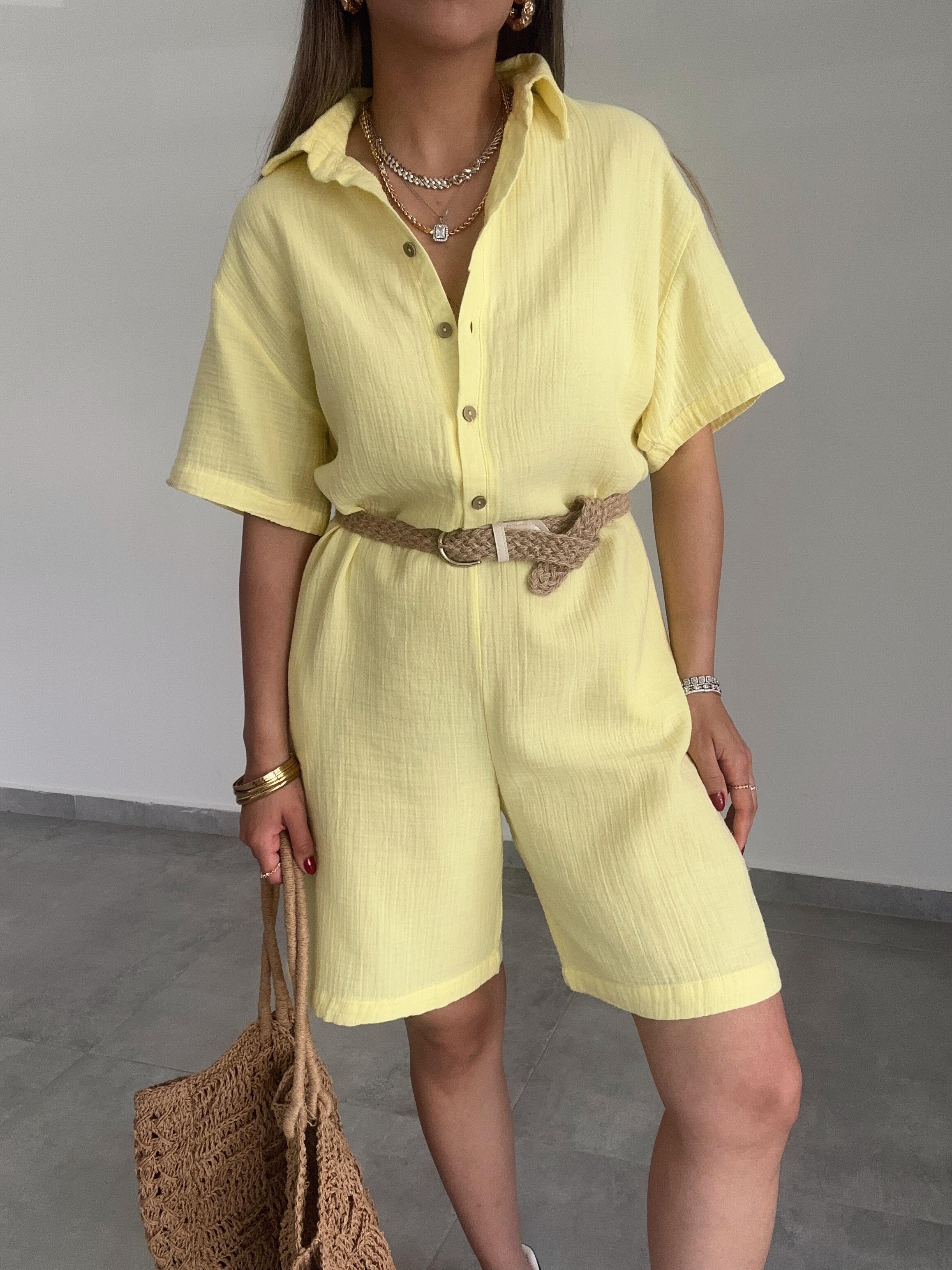 Sarı Müslin Yakalı Tulum