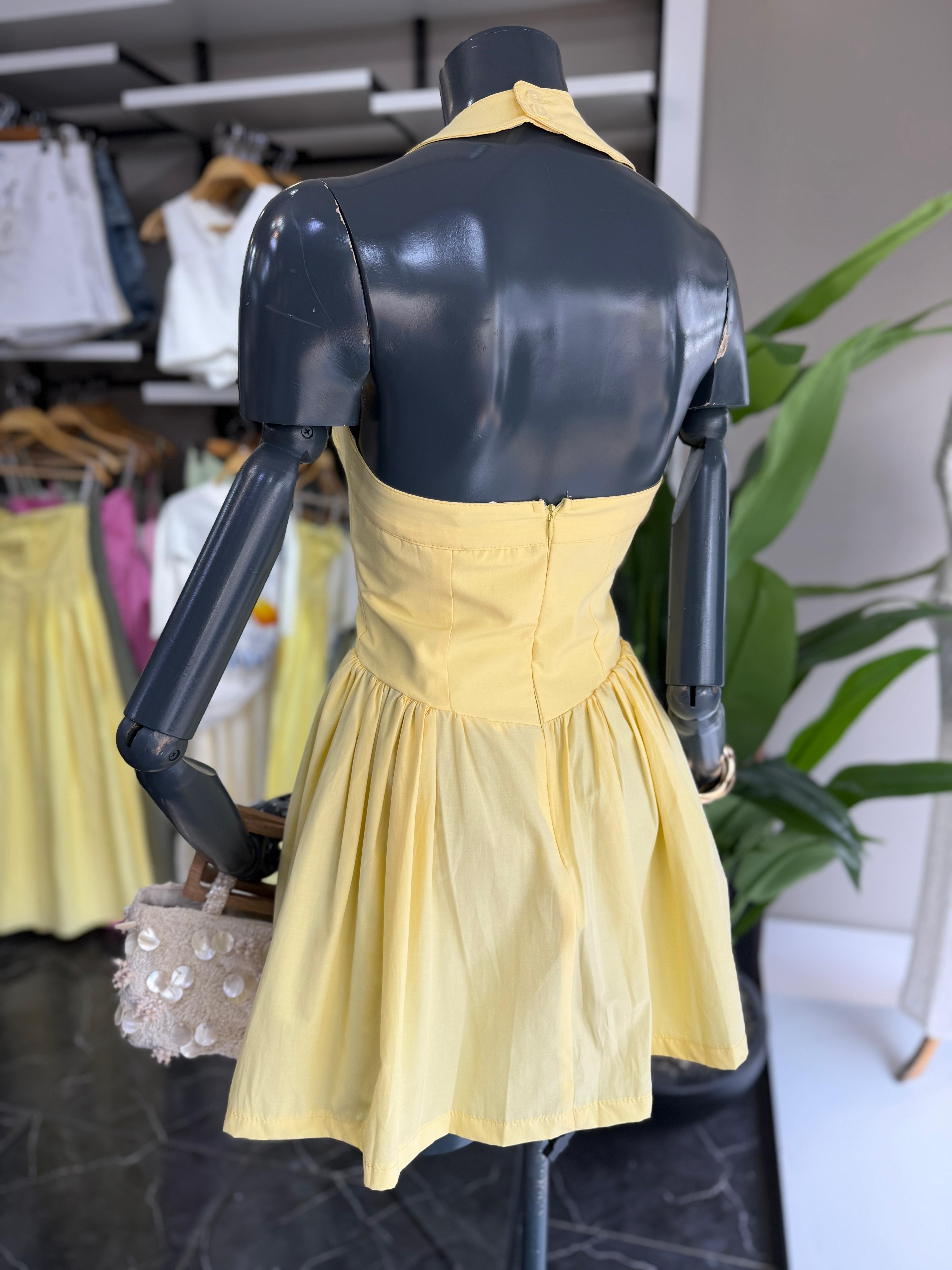 Sarı Poplin Kumaş Halter Yaka Elbise