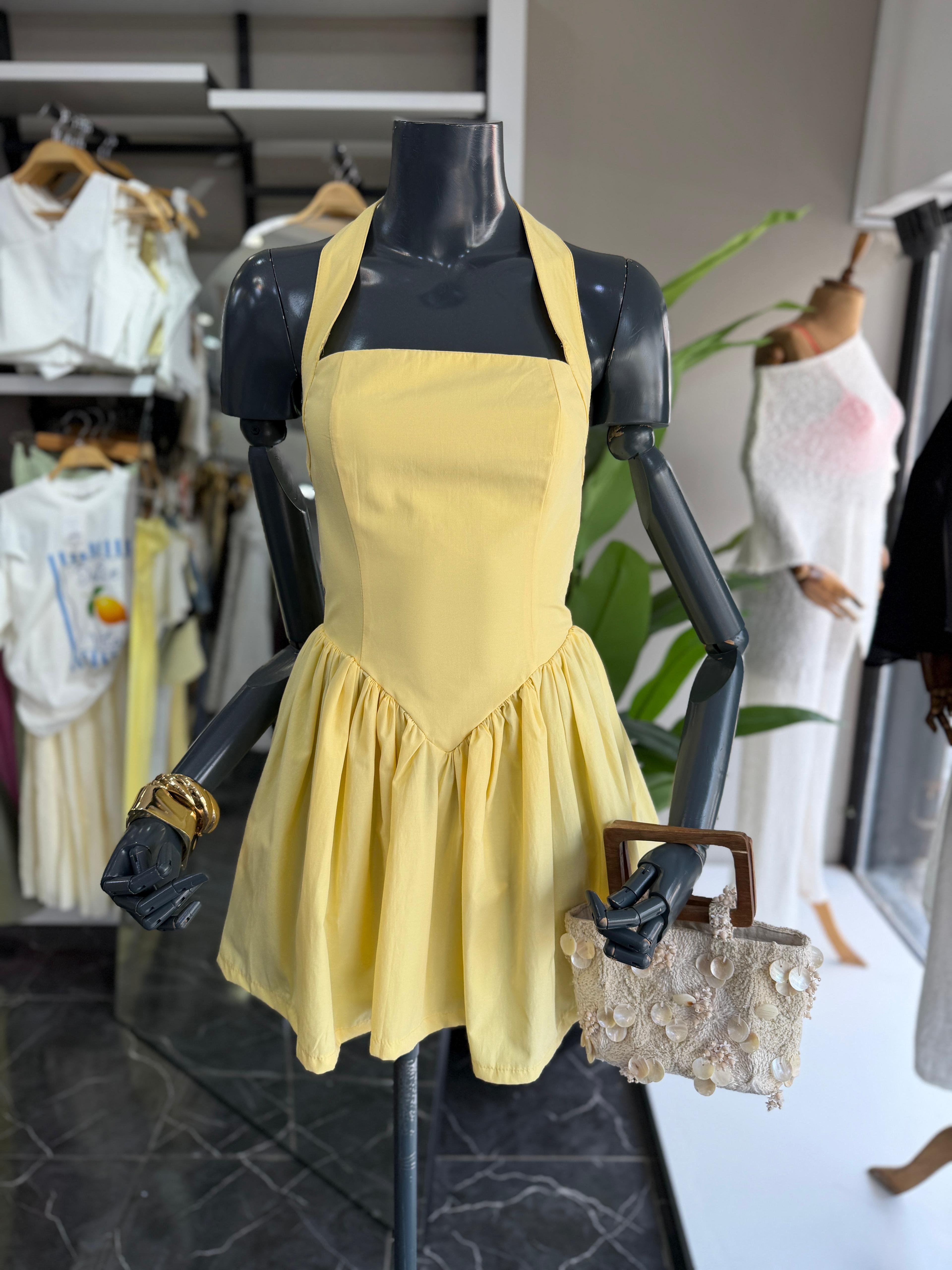 Sarı Poplin Kumaş Halter Yaka Elbise