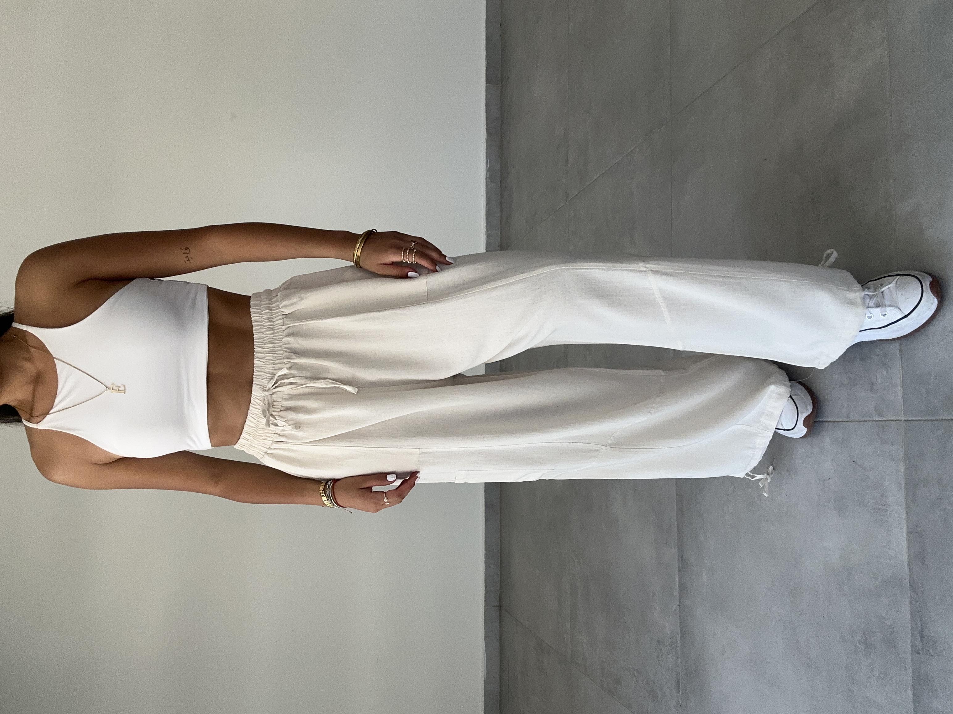 Sasha Bej Tasarım Keten Pantolon