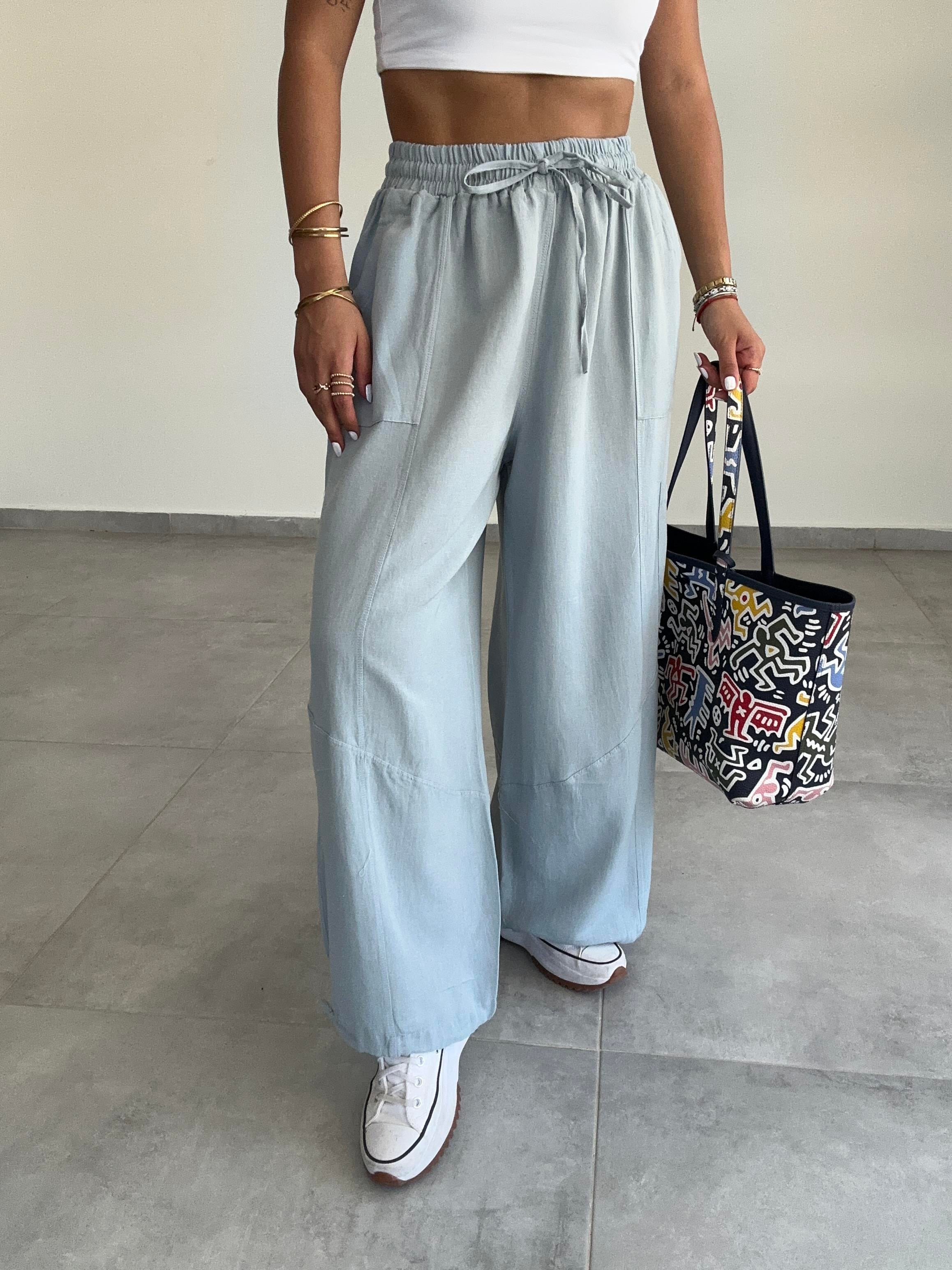 Sasha Mavi Tasarım Keten Pantolon