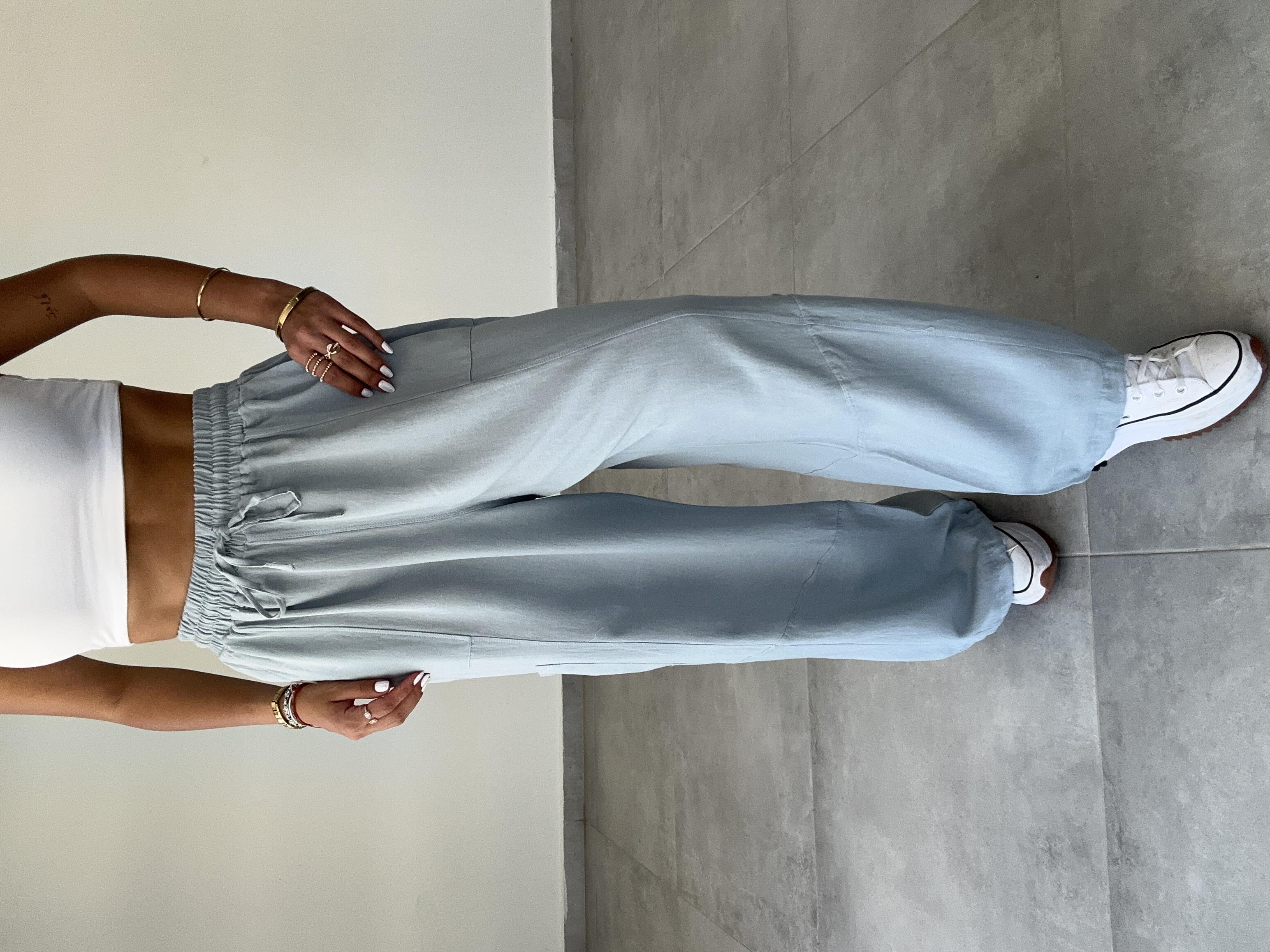 Sasha Mavi Tasarım Keten Pantolon