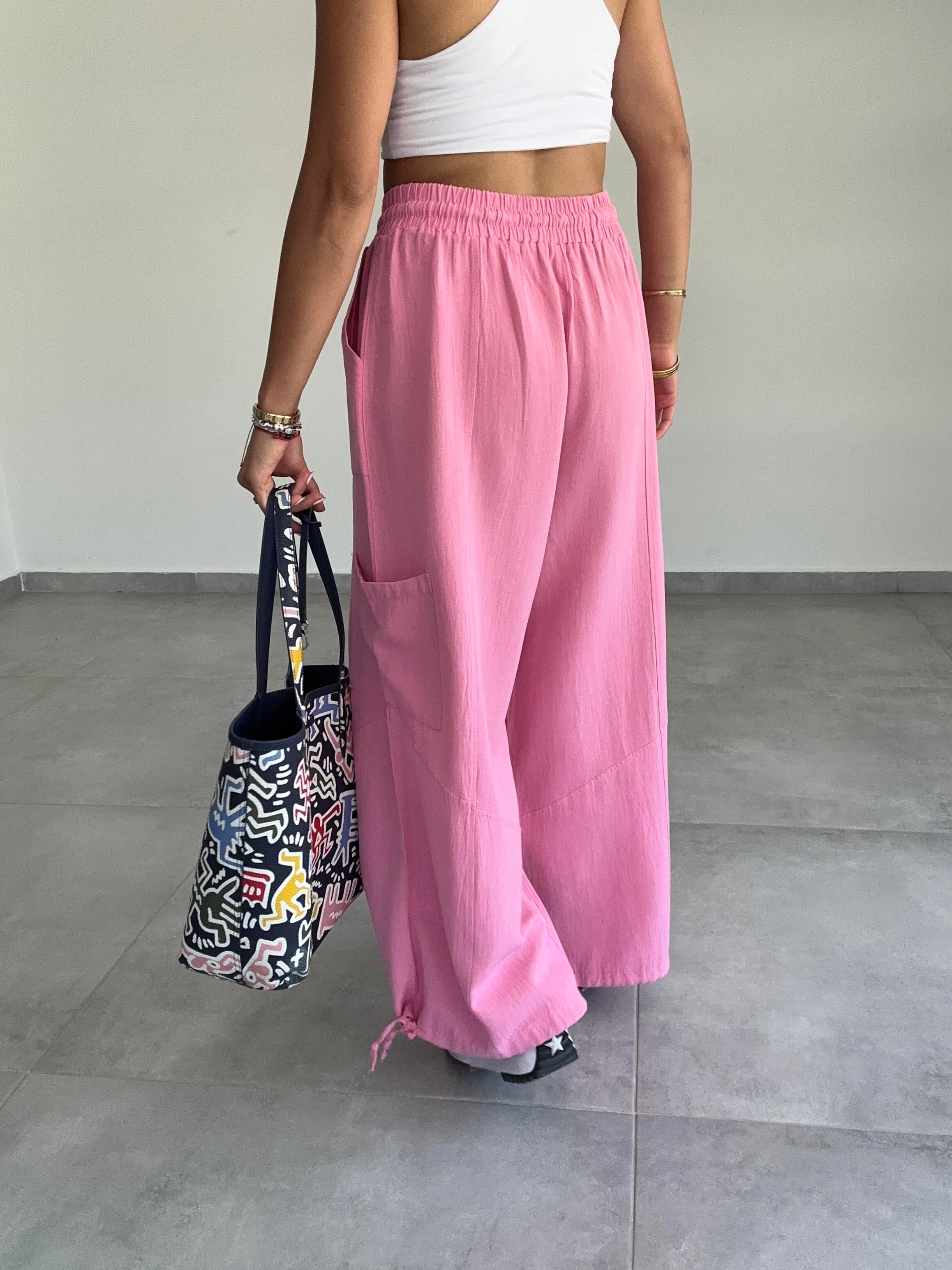 Sasha Pembe Tasarım Keten Pantolon