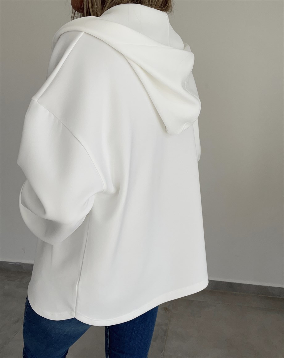 Scuba Kumaş Beyaz Kapşonlu Sweatshirt