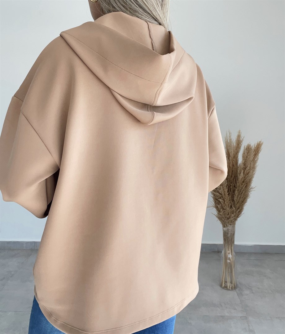 Scuba Kumaş Camel Kapşonlu Sweatshirt
