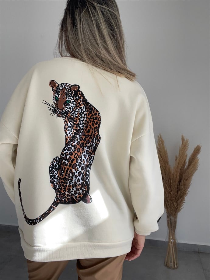 Sırtı Kaplan Detaylı Bej Sweatshirt