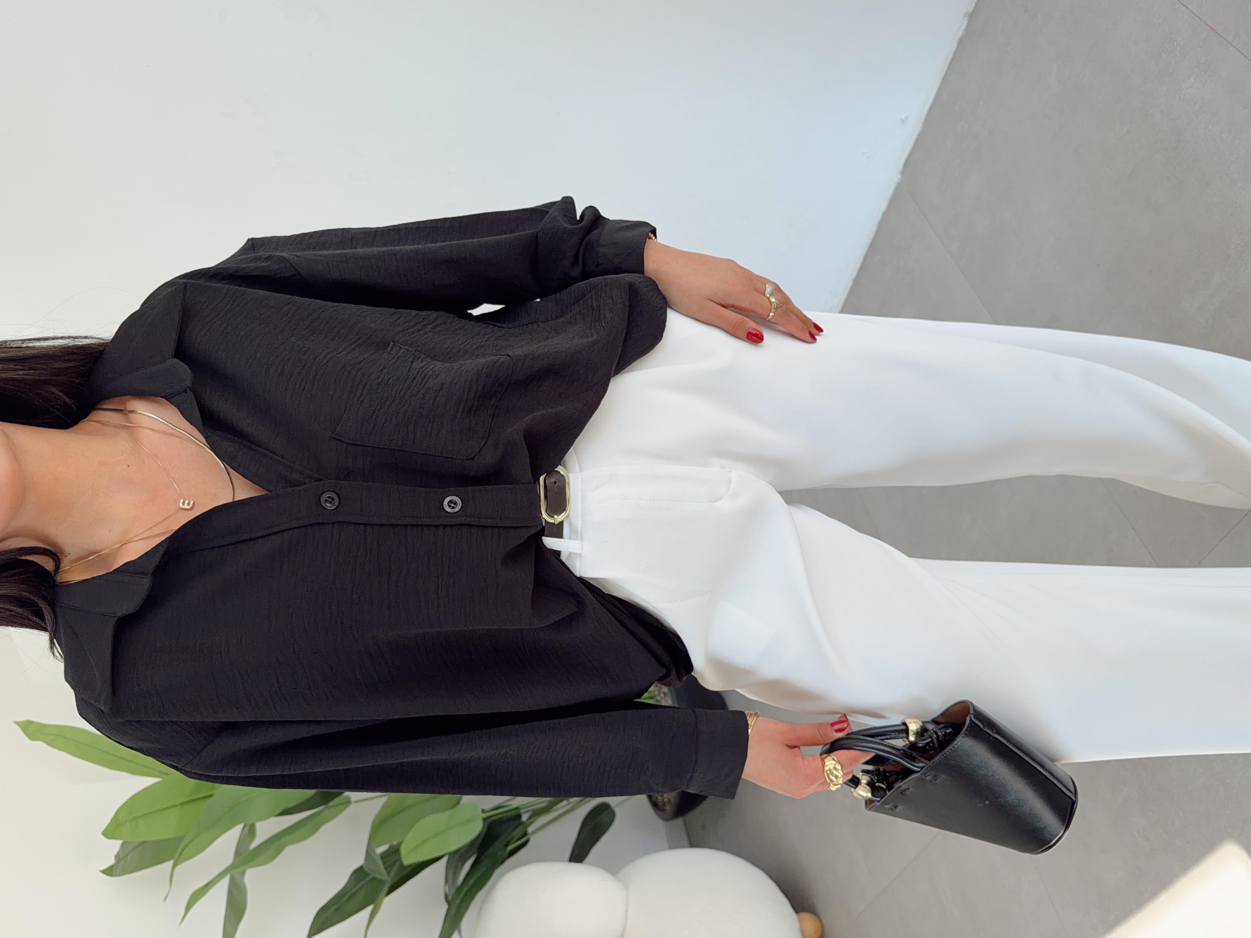Siyah Ayrobin Cepli Oversize Gömlek