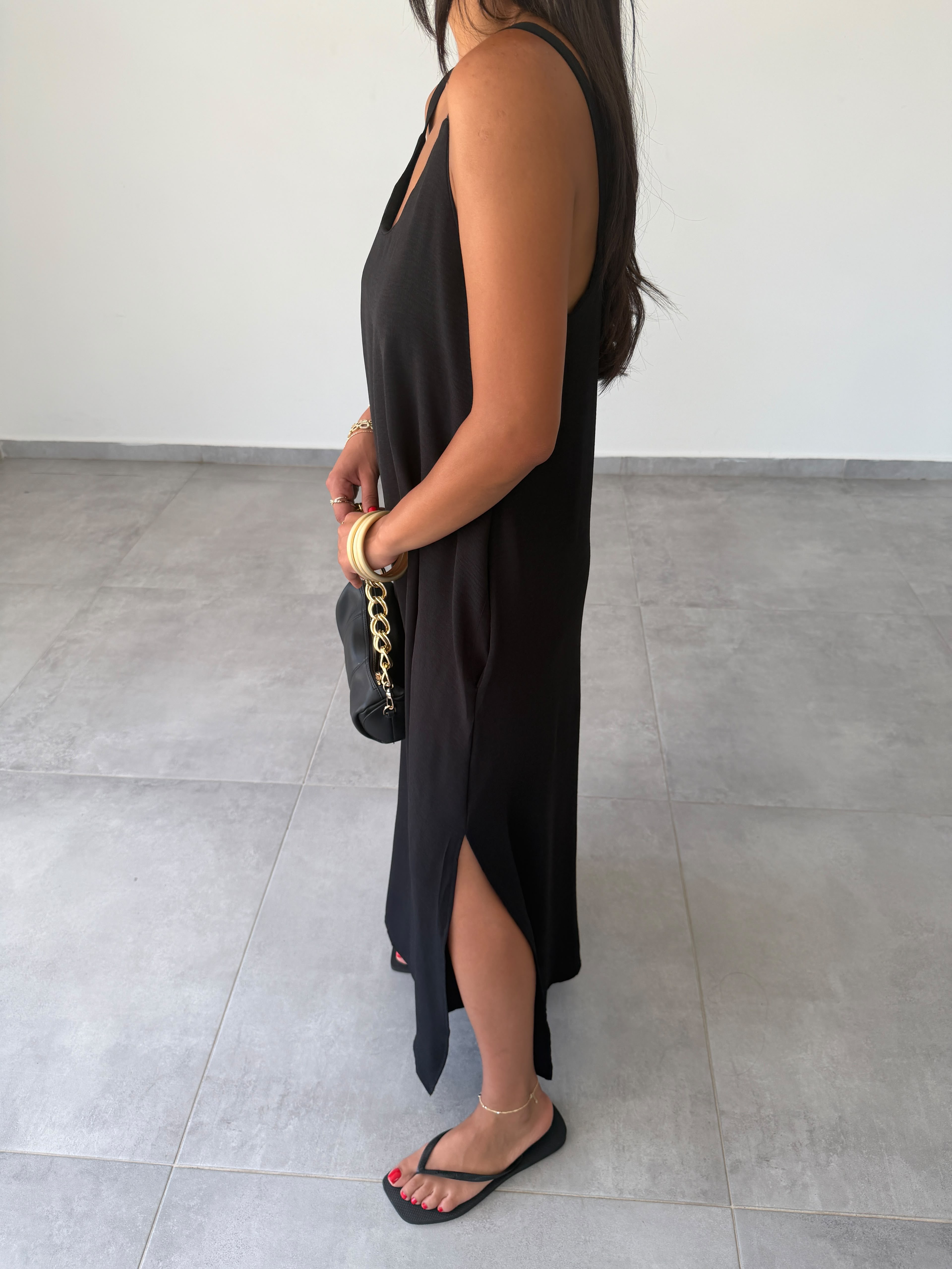 Siyah Ayrobin Maxi Boy Tela Askılı Elbise