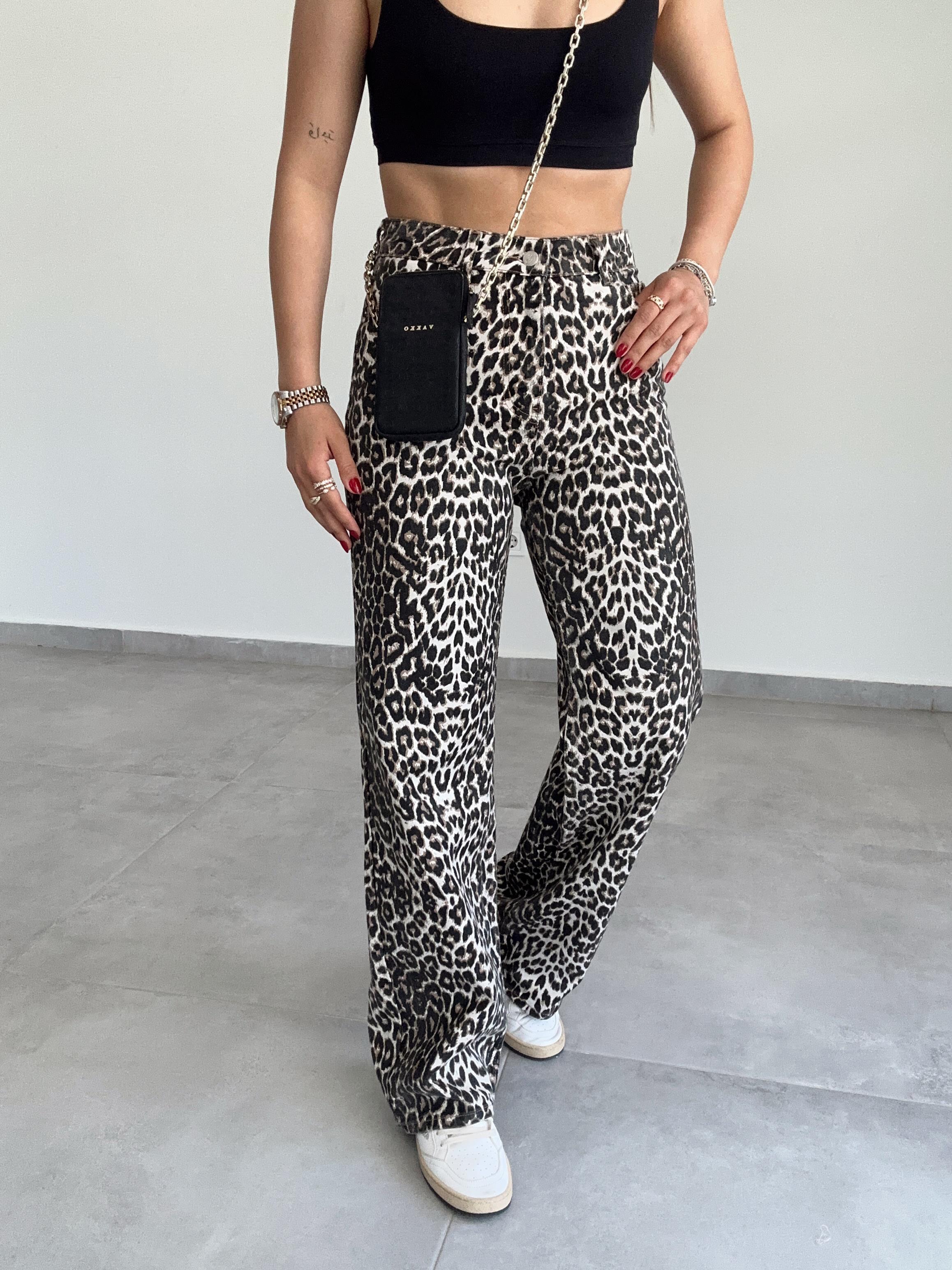 Siyah-Bej Leopar Desen Pantolon